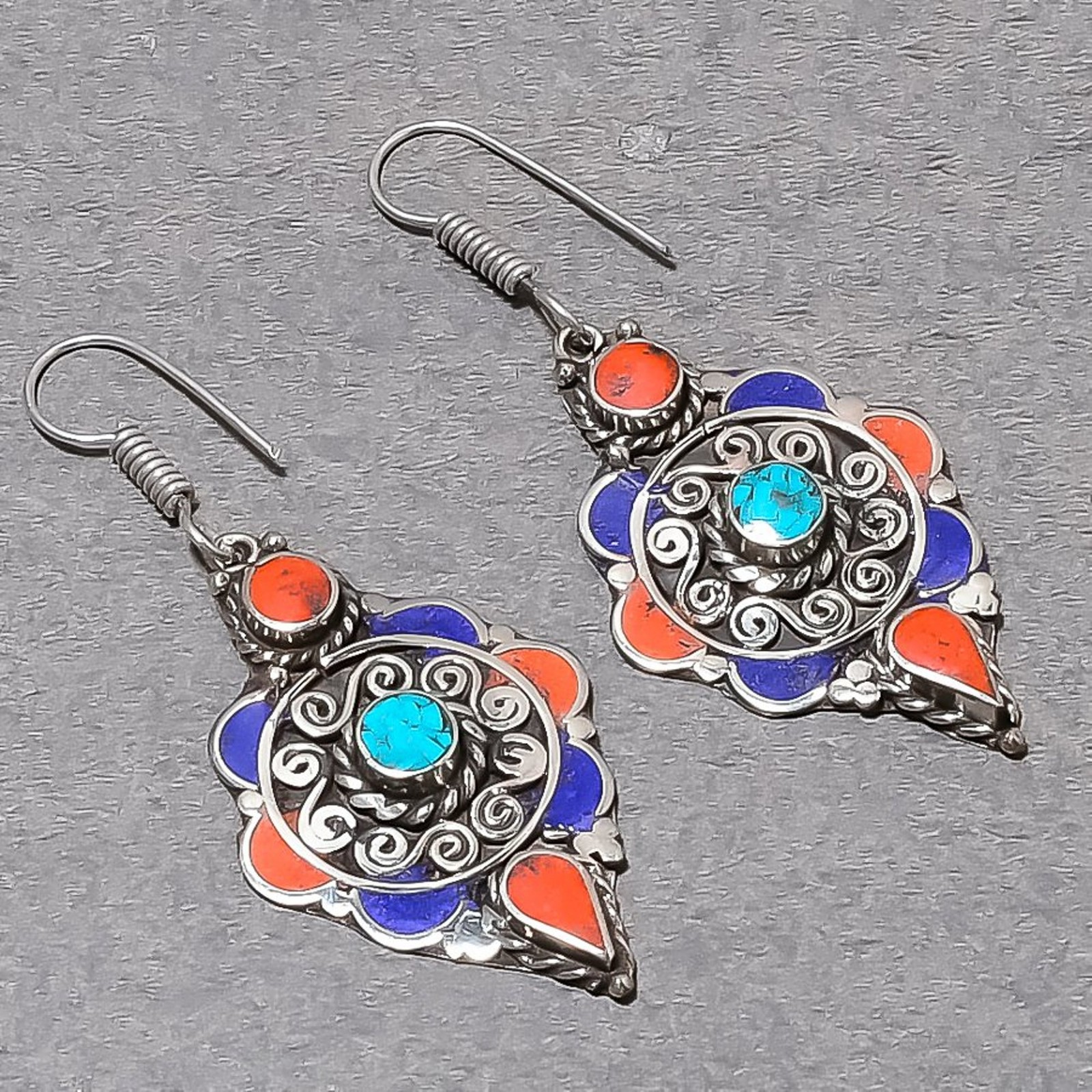 Turquoise Coral Lapis lazuli Handmade Boho Nepali Jewelry Earrings 2.70″ SR 5513