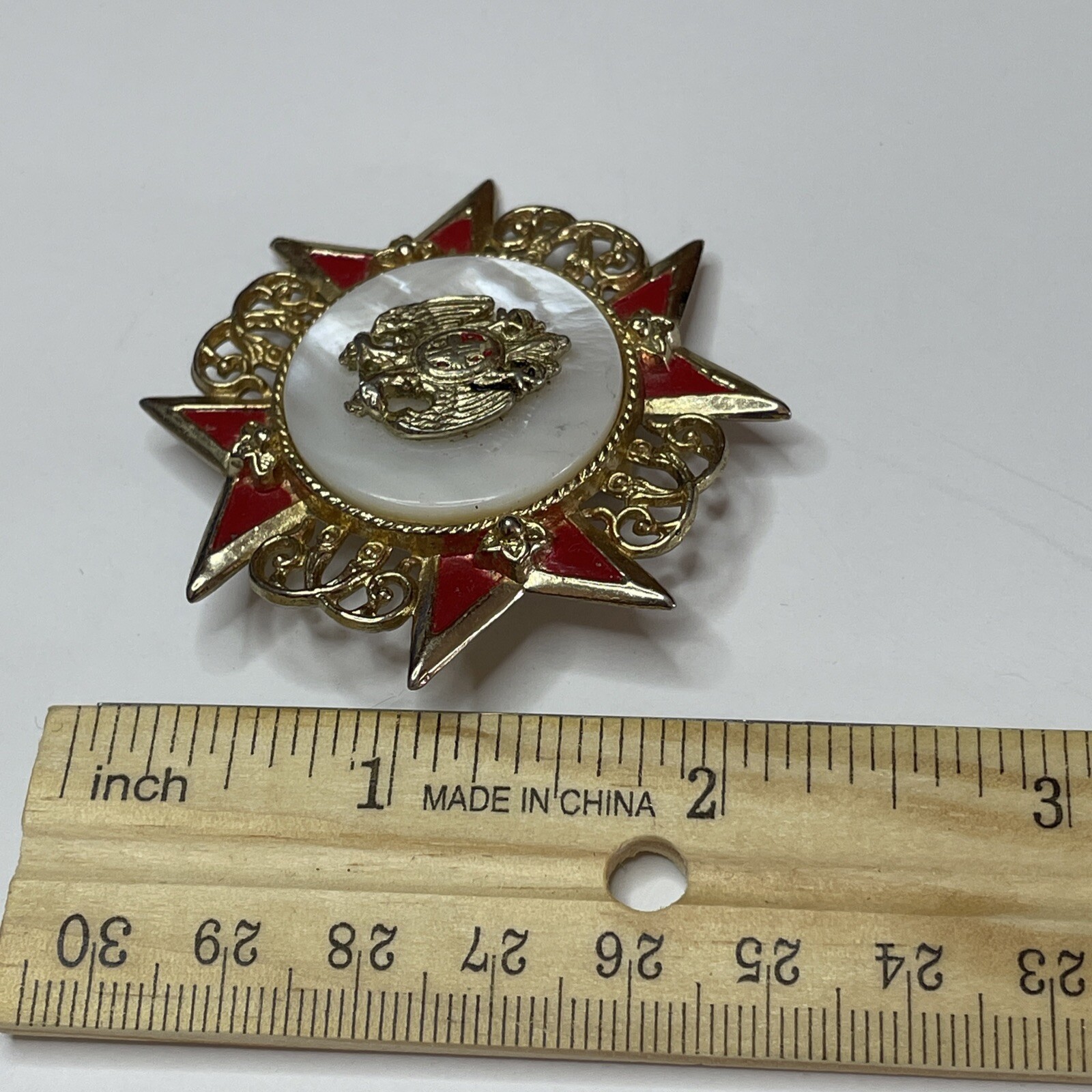 Coro Brooch Pin Mother of Pearl Double Eagle Crest Signed Vintage Army