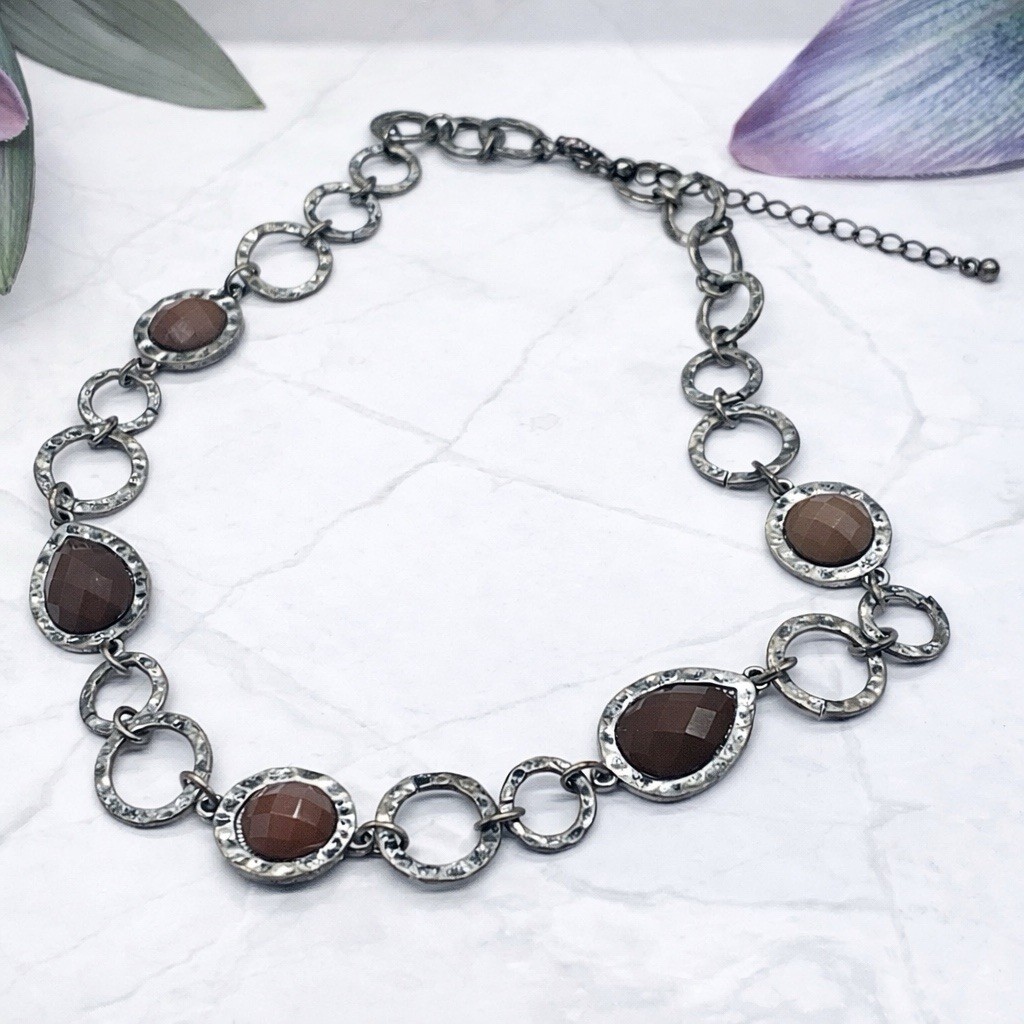 Round Hammered Link Silver Bronze Tone Necklace Brown Acrylic Cabochon Accents