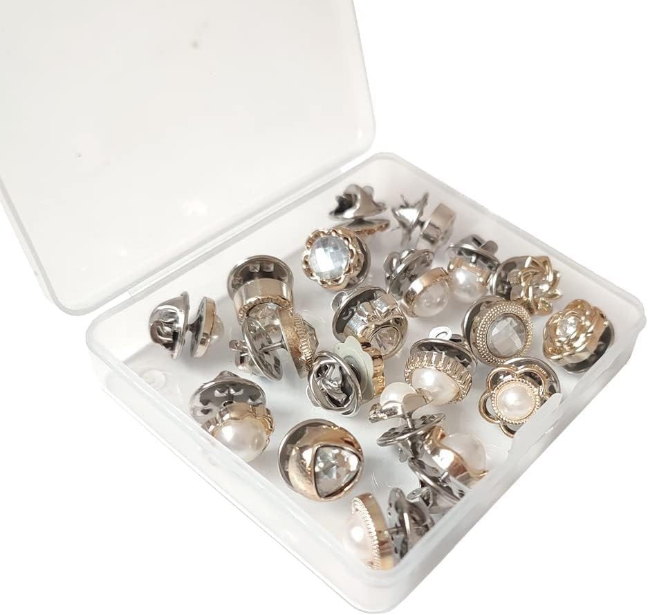 20Pcs Pearl Rhinestone Shirt Brooch Buttons No Sew Safety Pins for Women