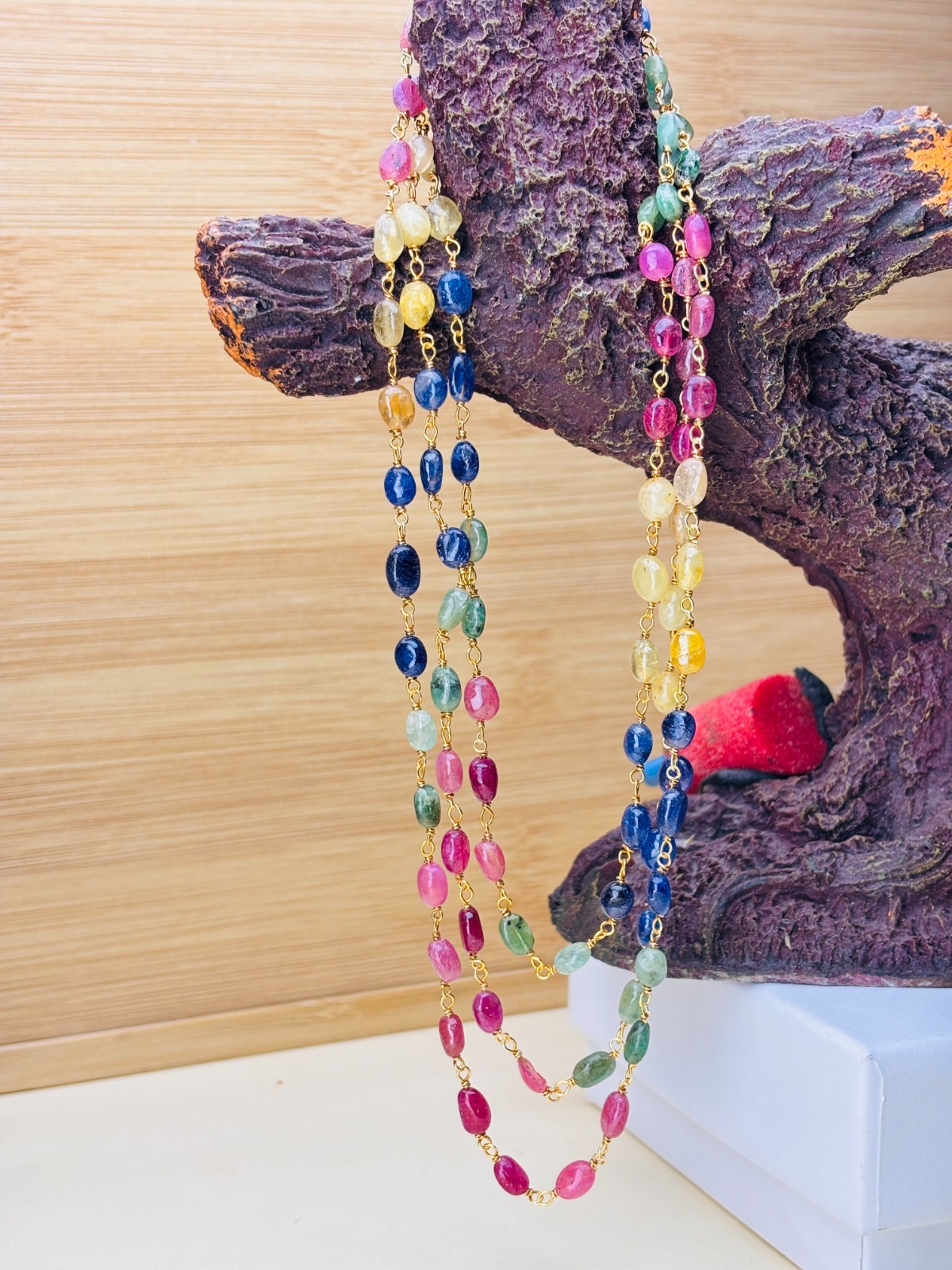 925 Silver Multi Gemstone Beaded Chain Gold Plated Layered Necklace FOR Women