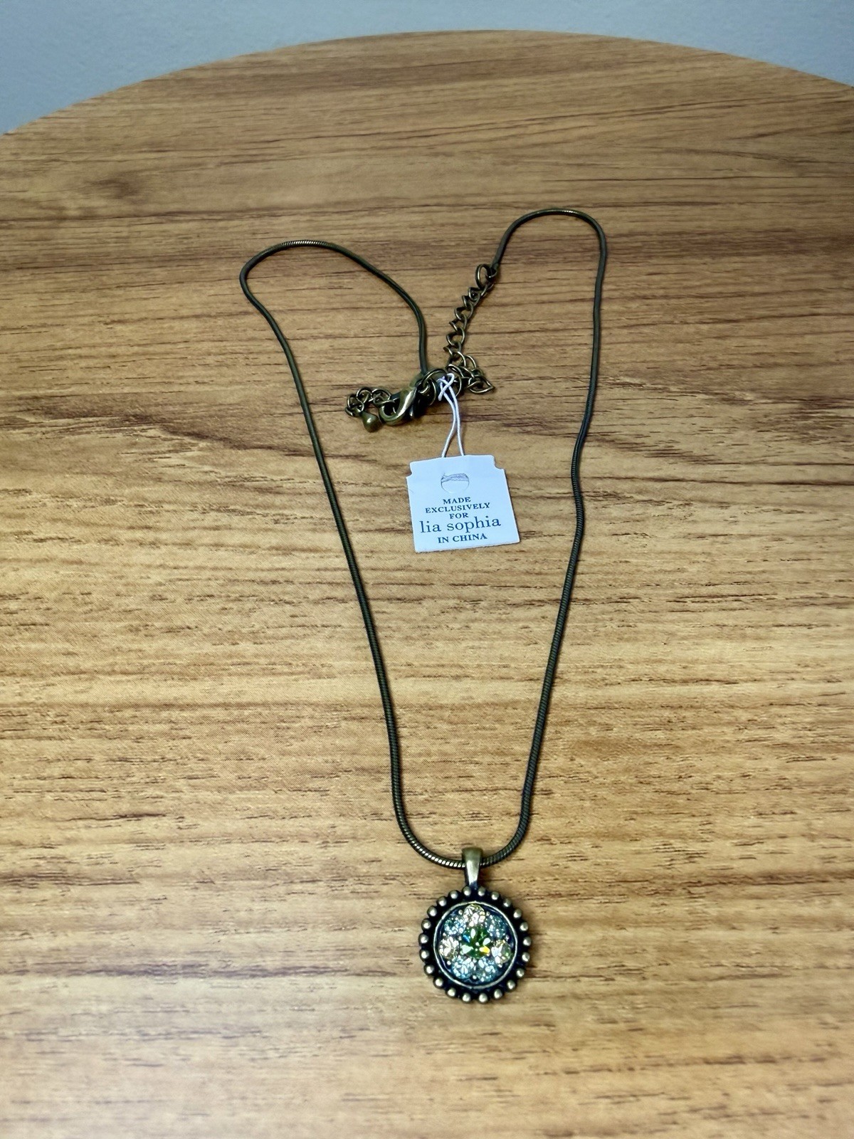 Lia Sophia Vintage Style Green Crystal Necklace Earrings Set Bronze Tone New