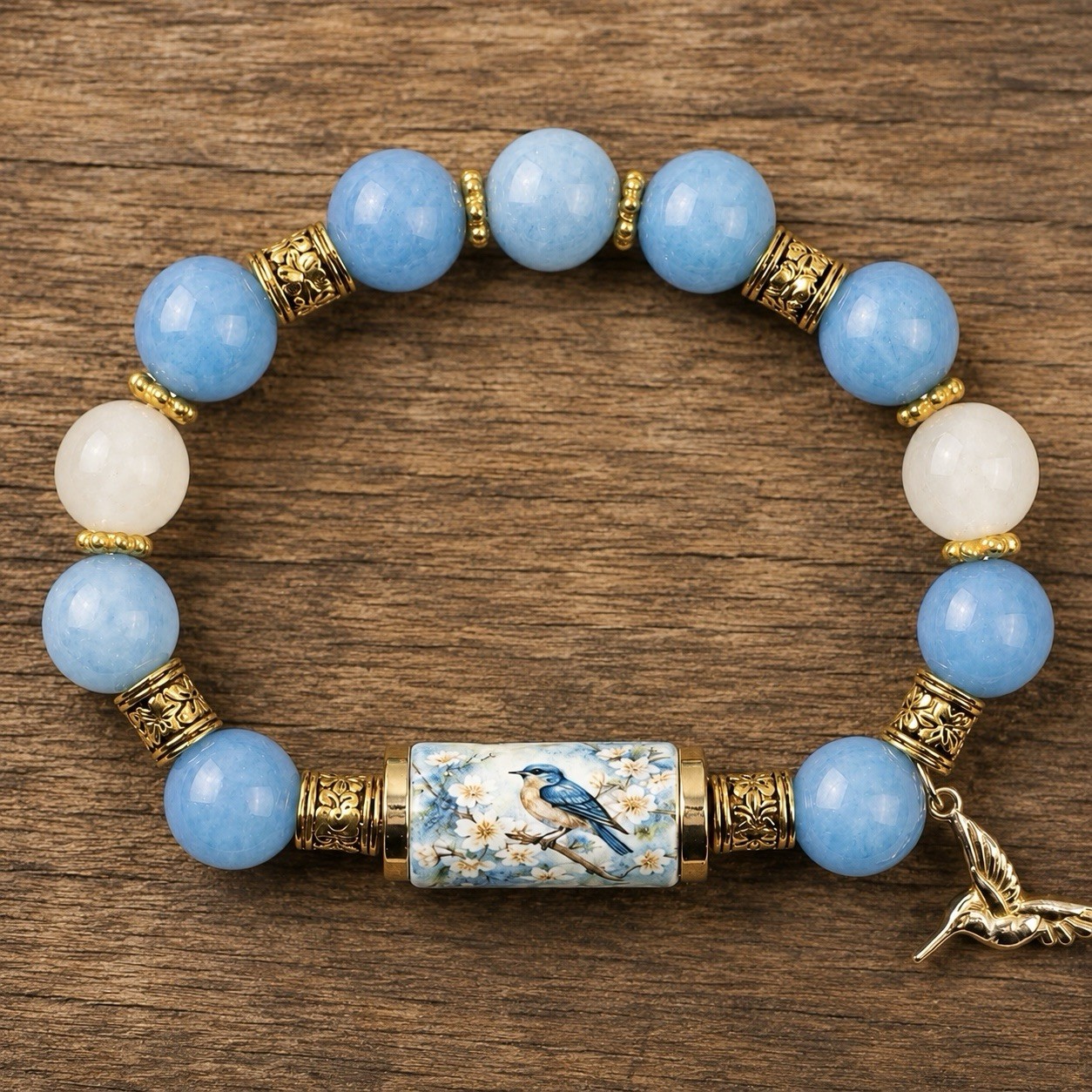 New Bluebird Natural Gemstone Beaded Stretch Bracelet w/ Charm USA SHIPPED fast!