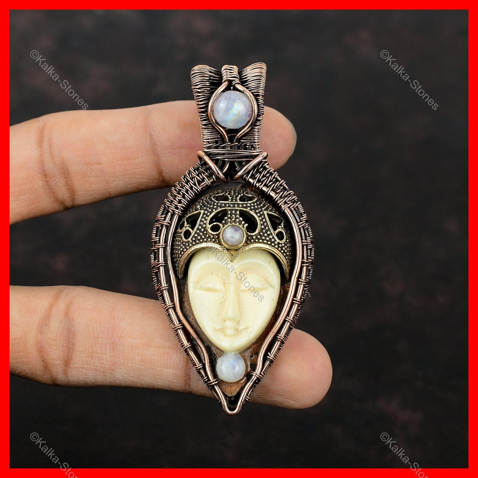 Copper Oval White Carved Face Stone Rainbow Moonstone New Wire Wrapped Pendant