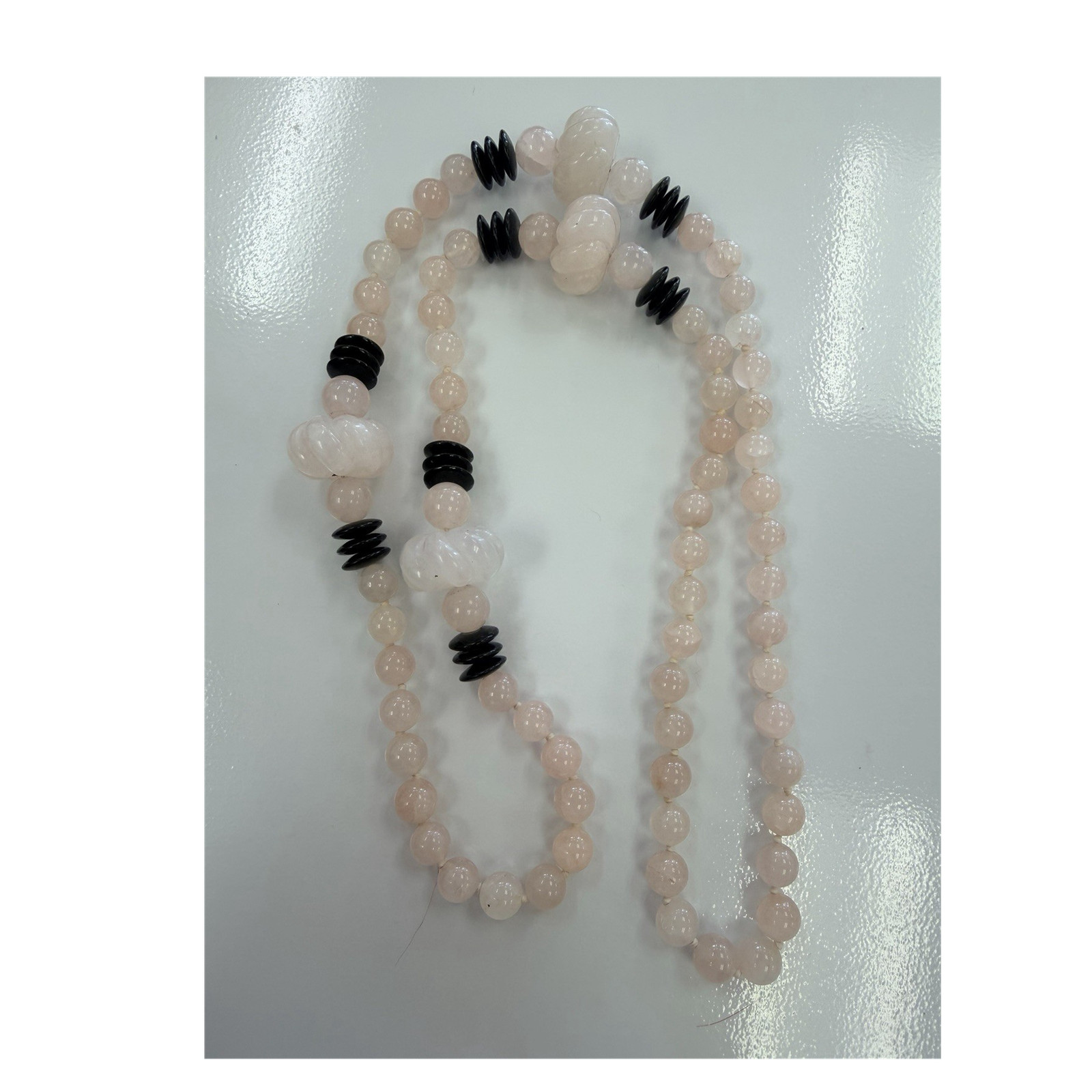 Statement Long Rose Quartz Style Necklace Black Disc Carved White Beads 35in