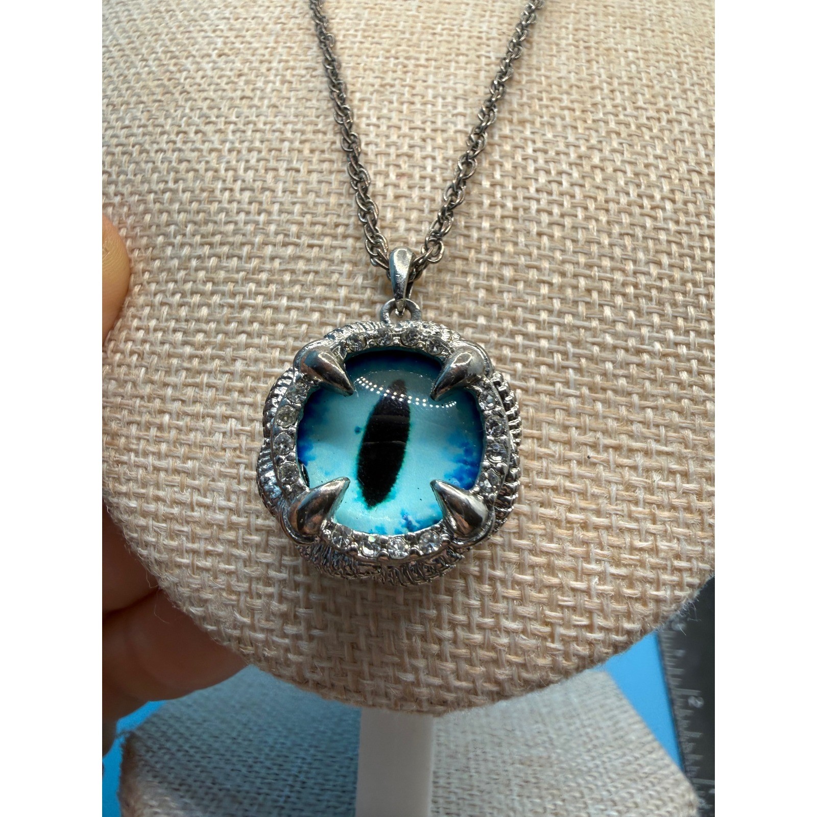 Adult Jewels Blue Dragon Eye Claw Pendant Necklace Silver Tone Gothic Fantasy