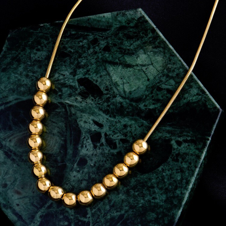 Woman 18K Gold Plated Stainless Steel Glossy Bead Bean Snake Chain Necklace 19”