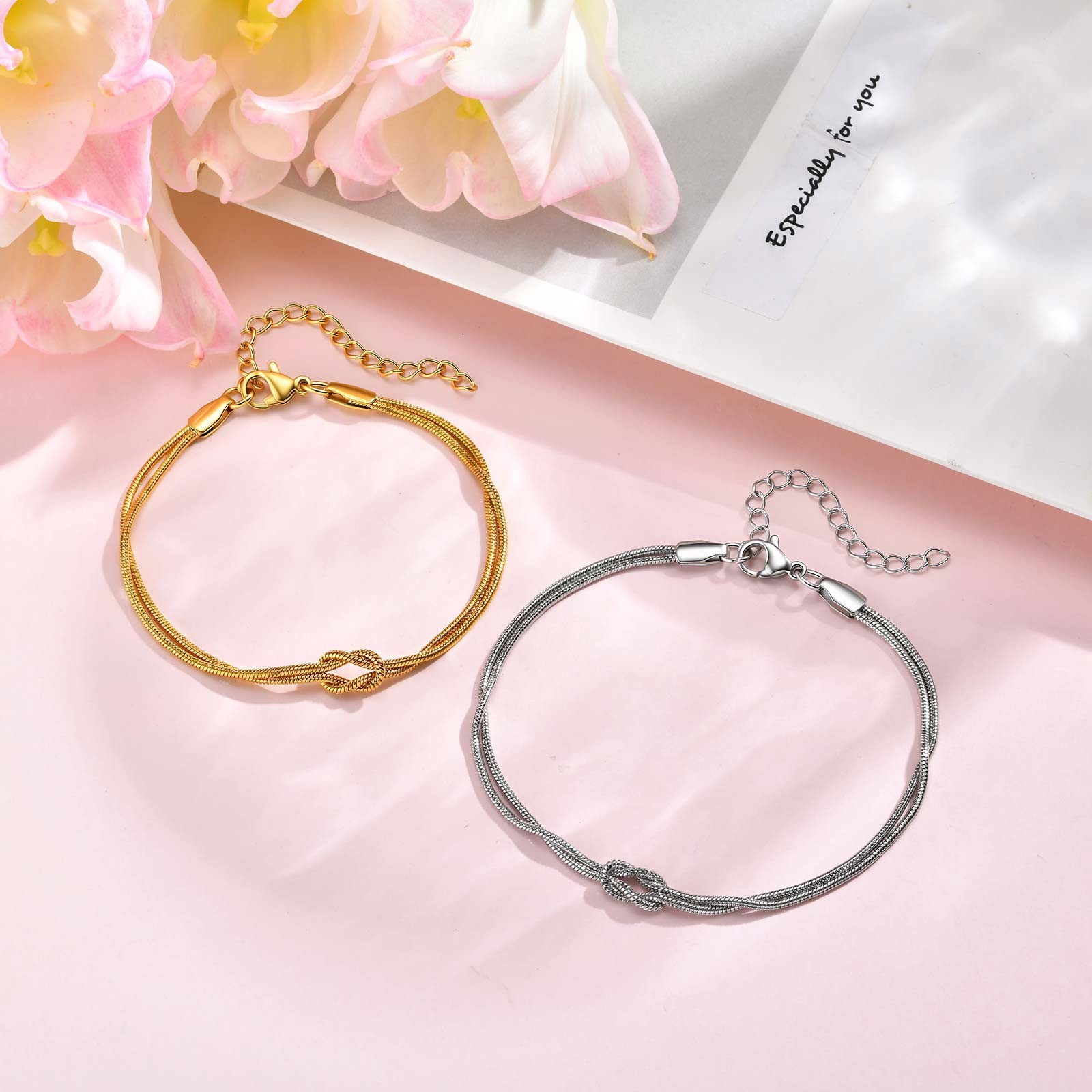 Stainless Steel Knot Double Snake Chain Adjustable Matching Bracelets Unisex