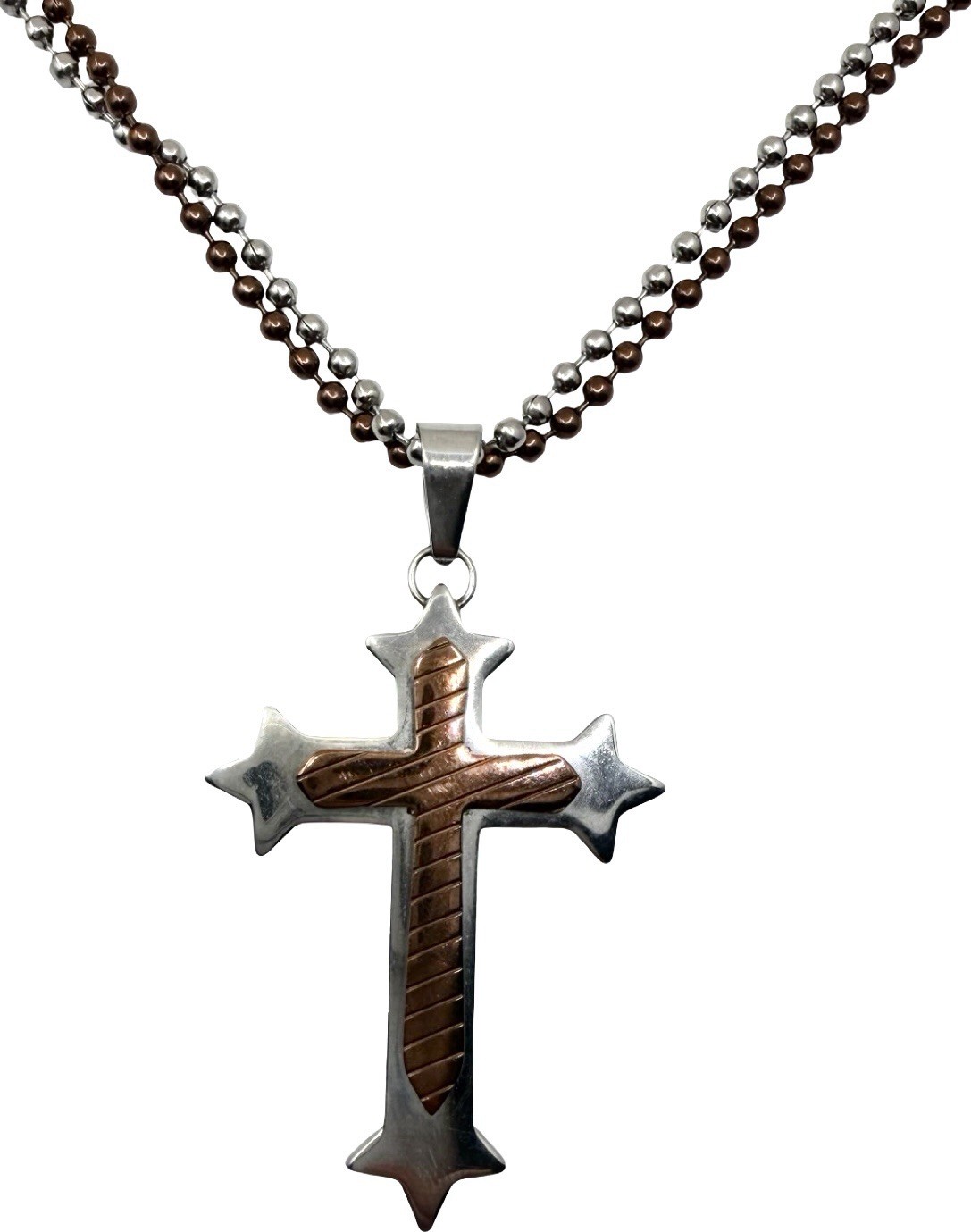 Chisel Stainless Steel Brown Two Tone Cross Pendant Necklace Ball Chain 24”