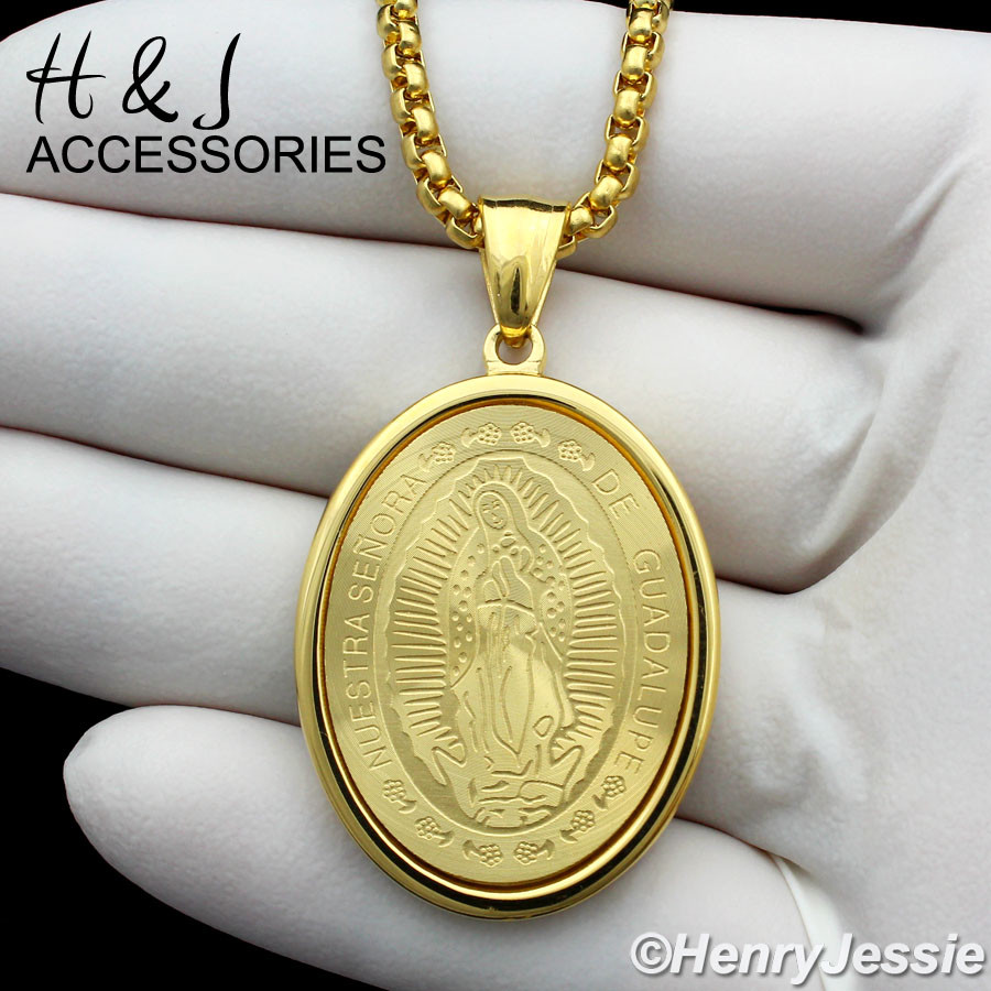 18-36″MEN Stainless Steel 3mm Gold Plated Box Link Chain VIRGIN MARY Pendant*G26
