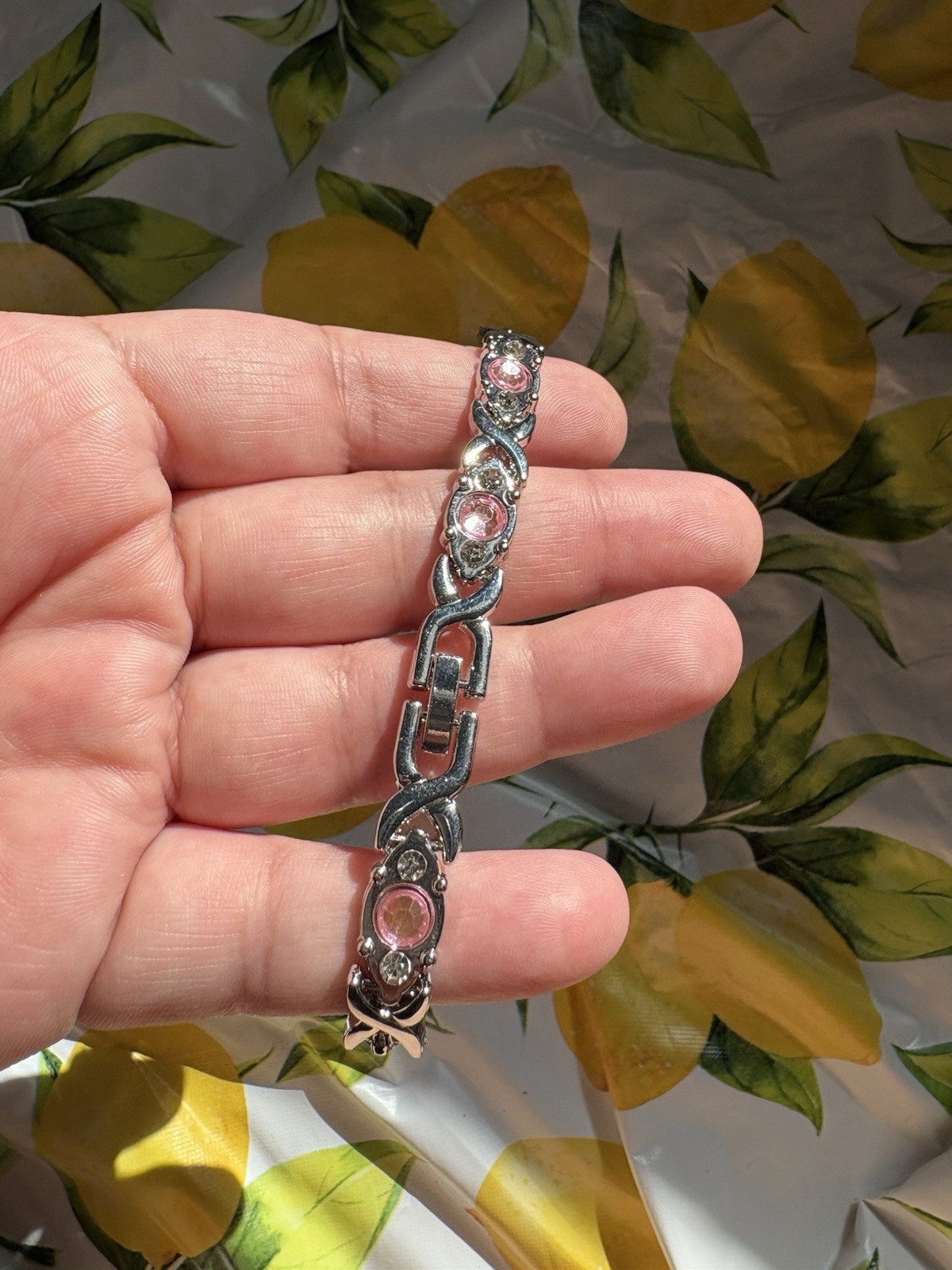 Silver Tone Link Chain Bracelet Pink Round Bezel-Set Crystal Stones