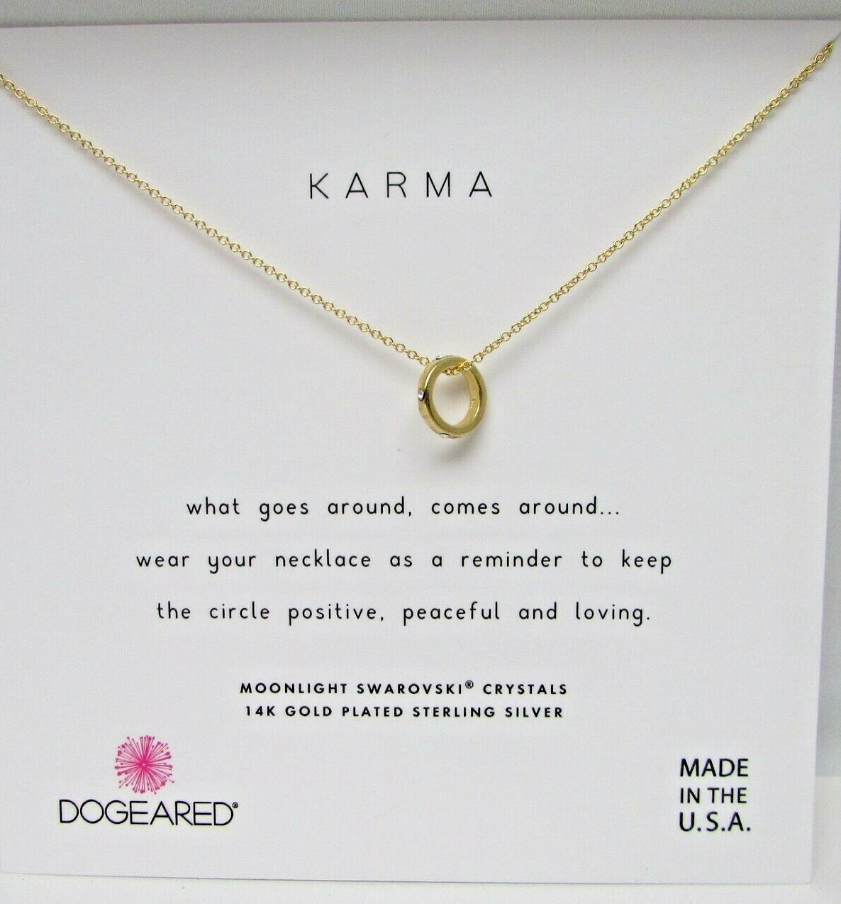 Dogeared “Karma” 16″ necklace Swarovski crystals & 14k Goldplated Sterling, NEW