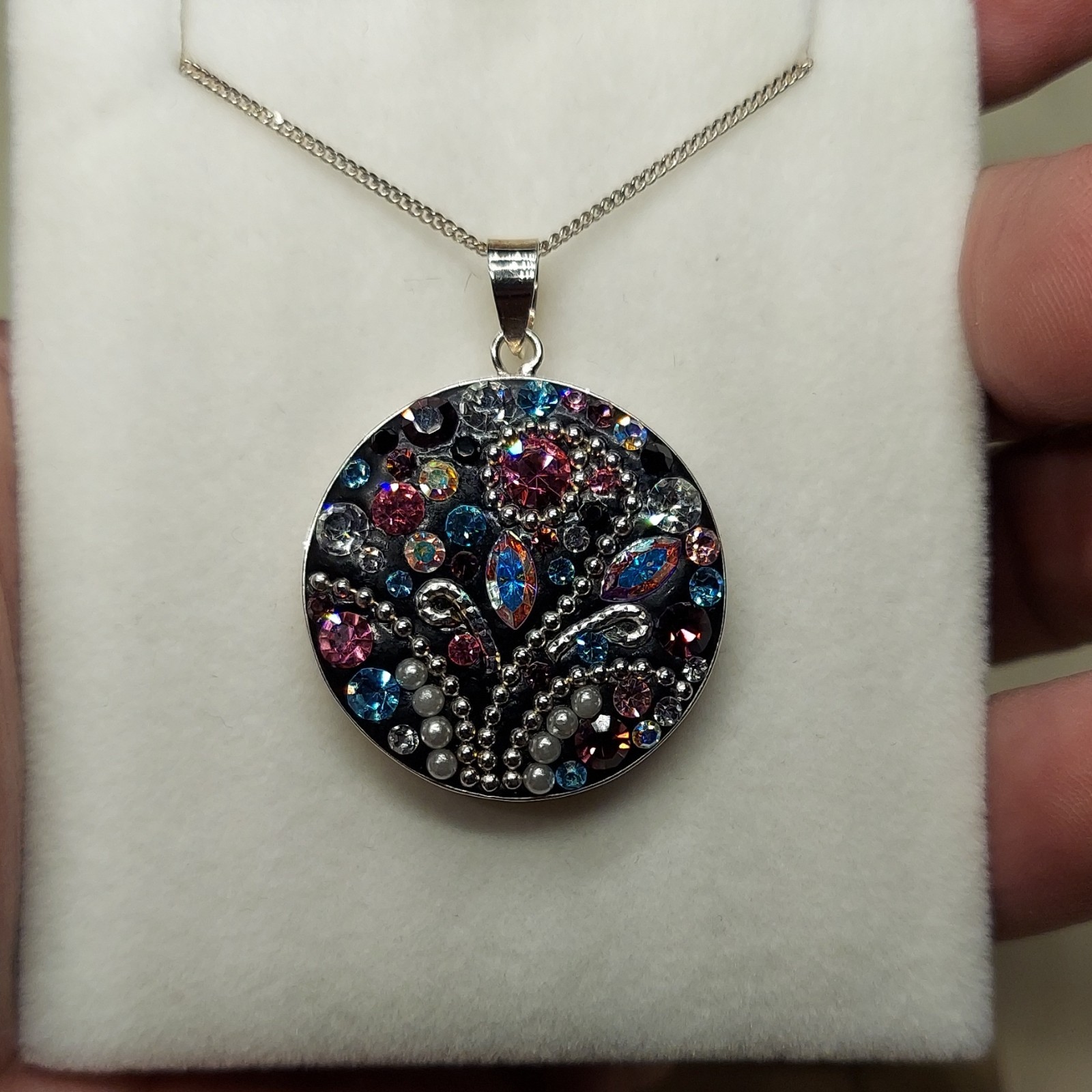 MULTICOLOR crystal silver 925 Round Rhinestone Pendant Necklace, Cable Chain