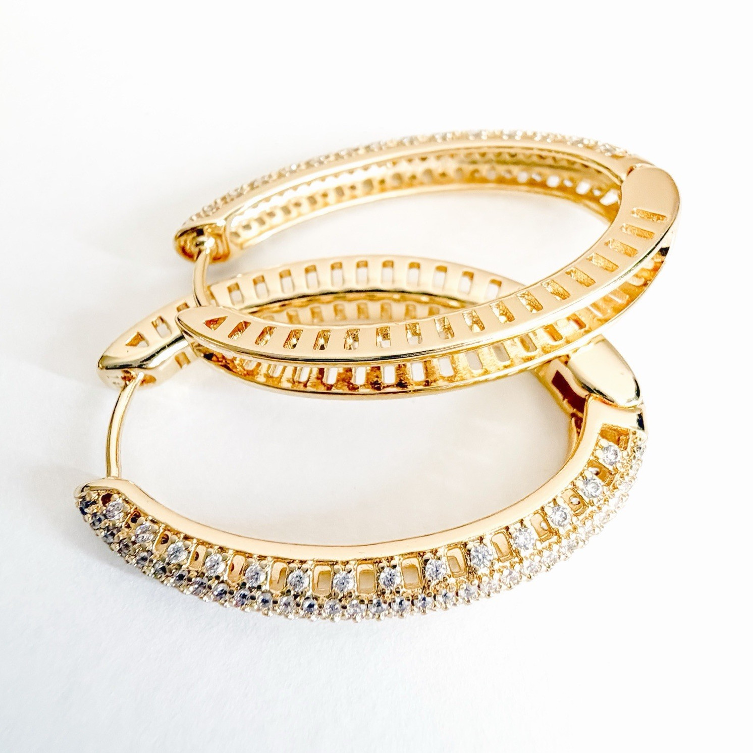 Gold Plated Pavé White Crystal Huggie Hoop Earrings Snap Closure Lobe