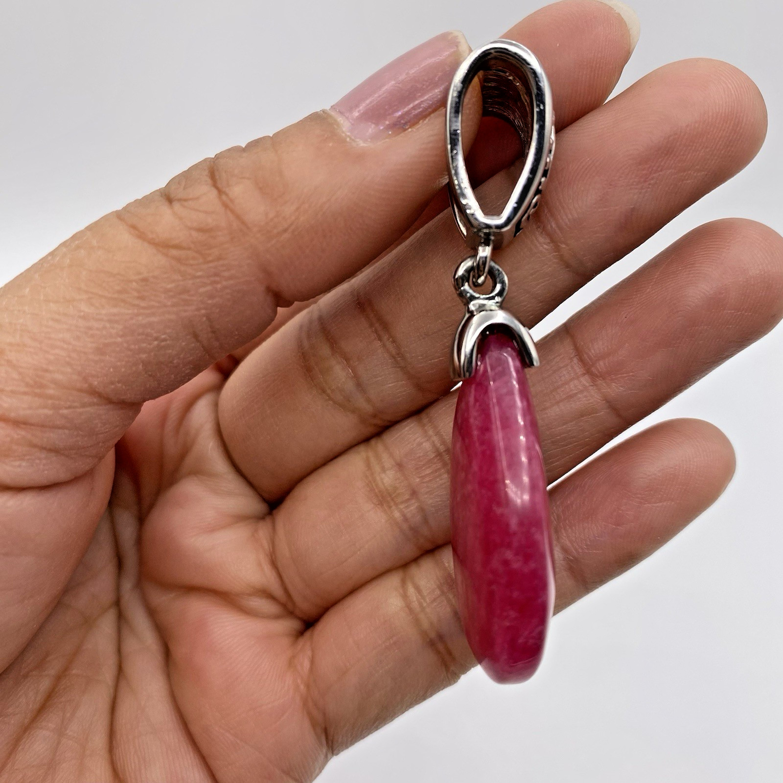 Bali Style Pendant Dark Pink Natural Stone Teardrop Silver-Tone 2.25 inches