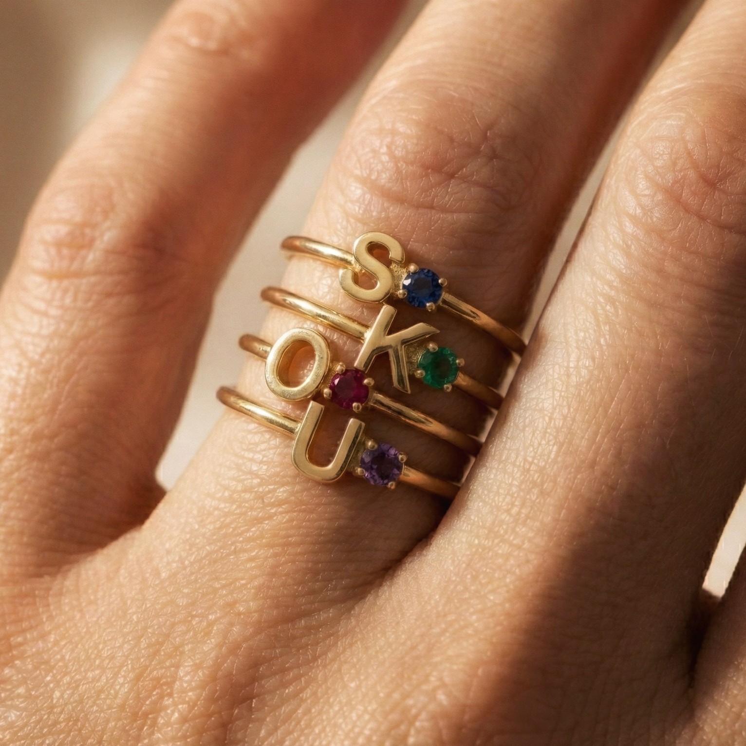 Gold Plated Lab-Created Gemstone Ring, 925 Silver Customised Name Ring For Gift