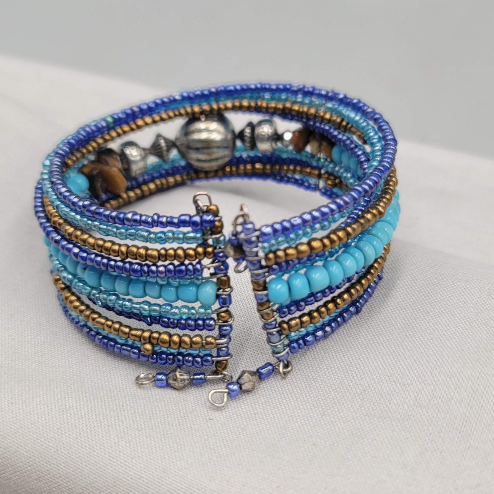 Blue Seed Bead Cuff Bracelet Silver tone Brown Stone Beads 7″ adj