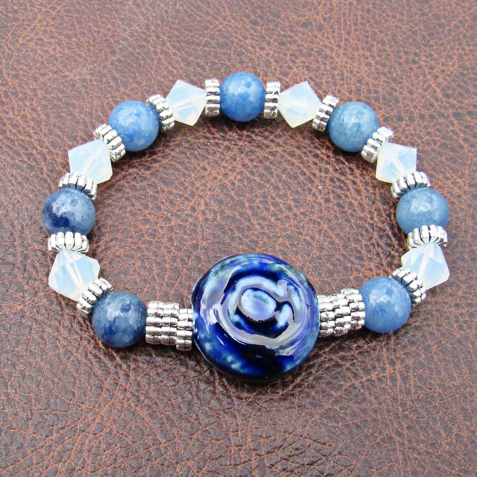 6 inches Stretchy Bracelet, Blue Aventurine Stone, Porcelain, Opalite