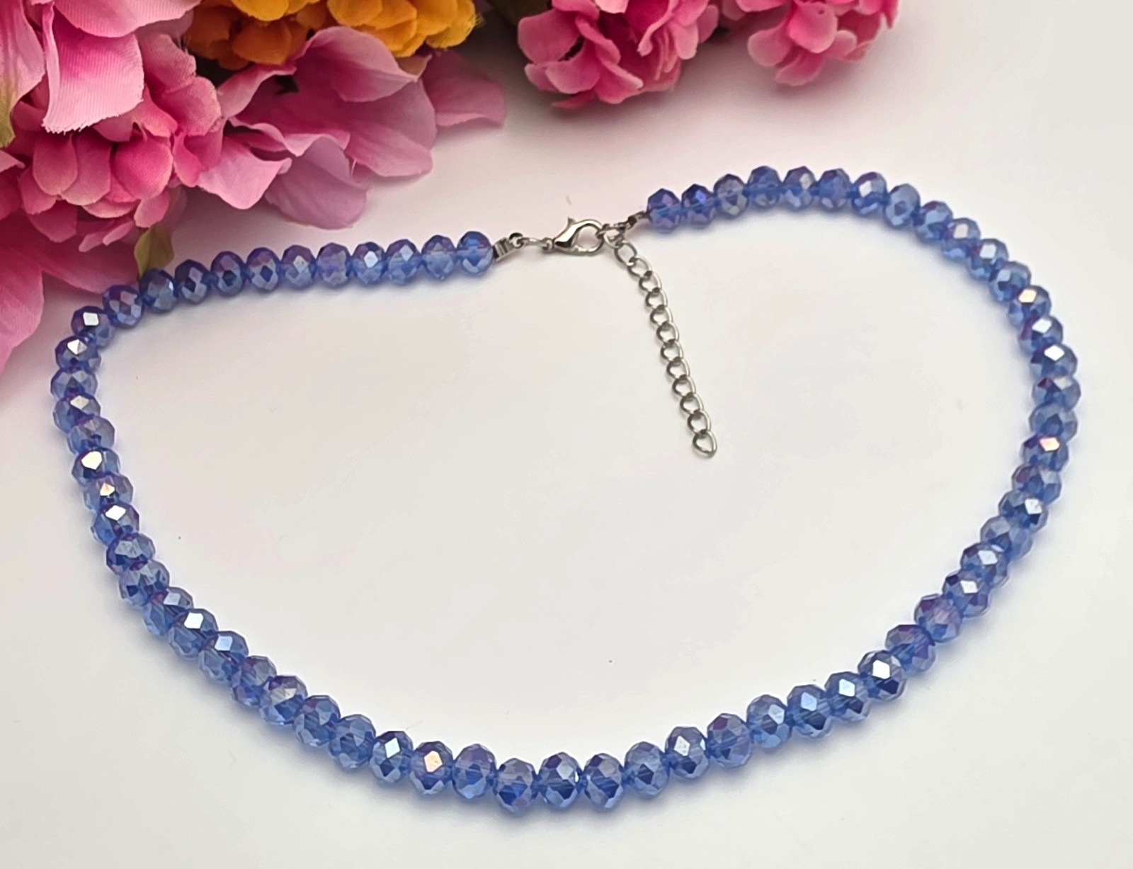 Crystal Rondelle Beaded Necklace Light Blue 19in Silver Tone Lobster 7.3mm Adj.