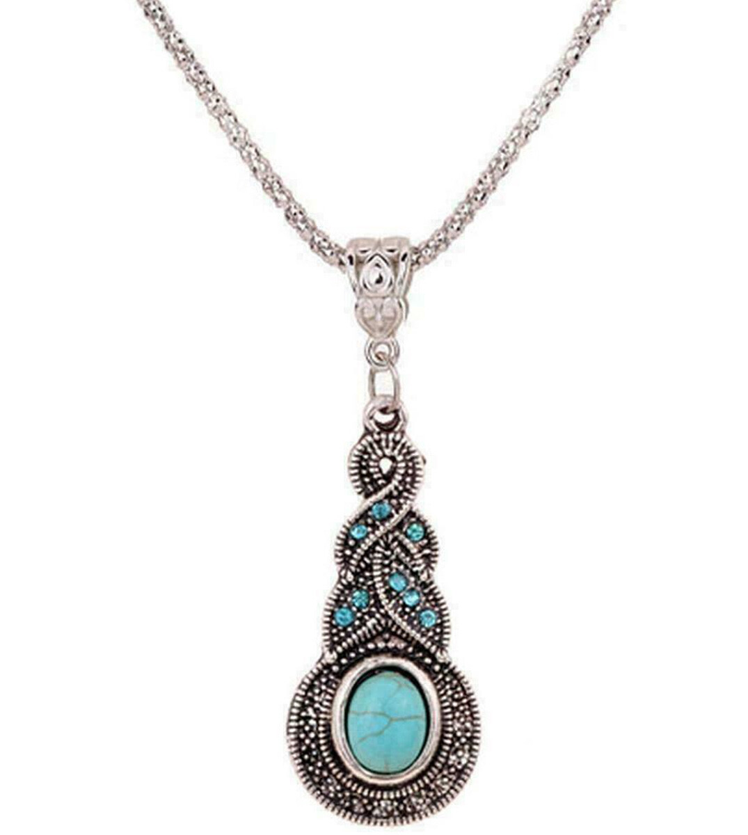 DESIGNER INSPIRED BLUE FAUX TURQUOISE SILVER NECKLACE & EARRINGS JEWELRY SET NEW
