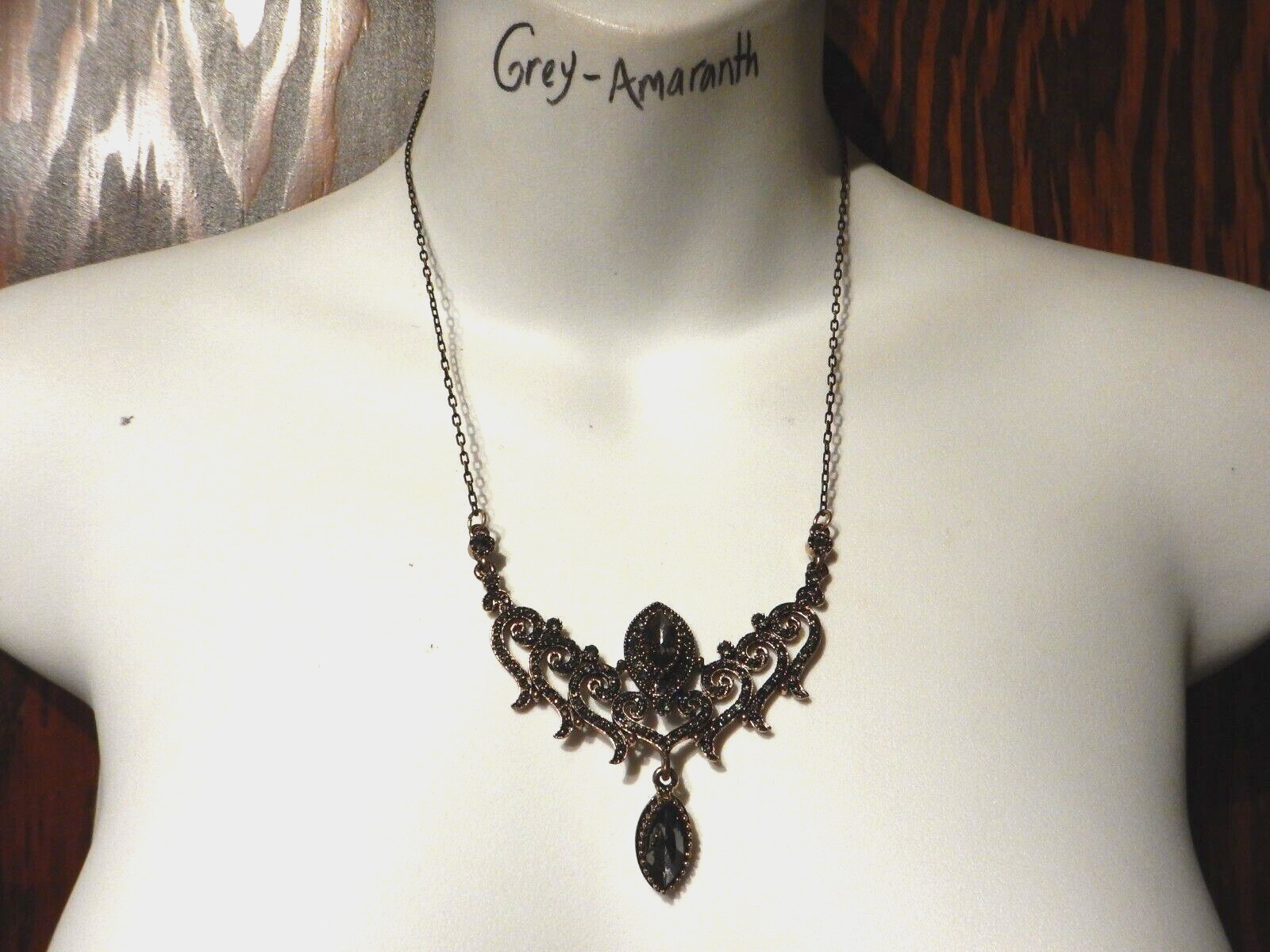 GRAY & COPPER CRYSTAL NECKLACE & EARRINGS SET elegant formal evening jewelry 8Z