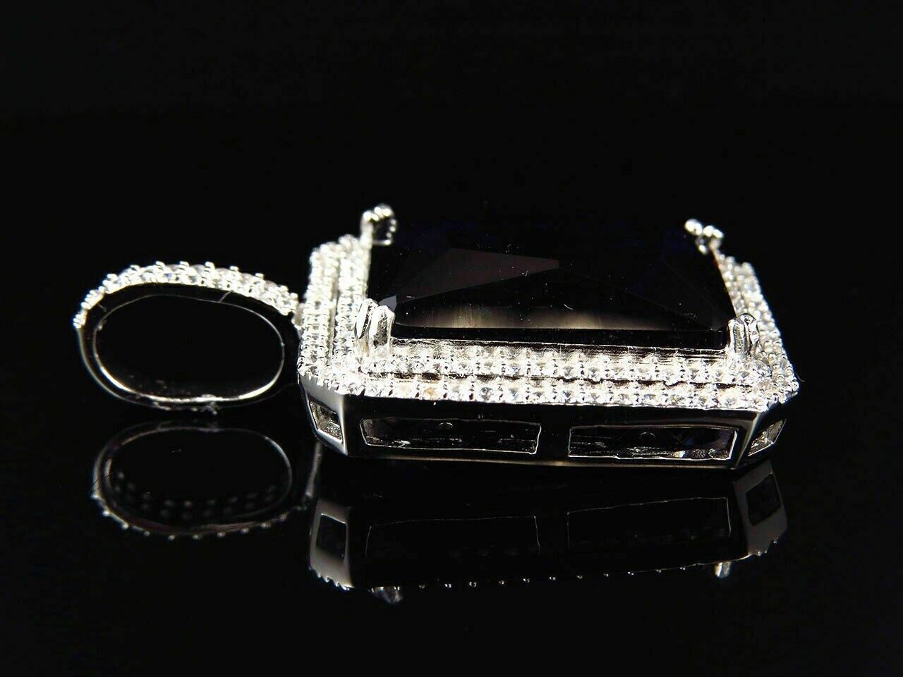 2.50 Ct Emerald Cut Simulated Blue Sapphire Halo Pendant 14K White Gold Plated.