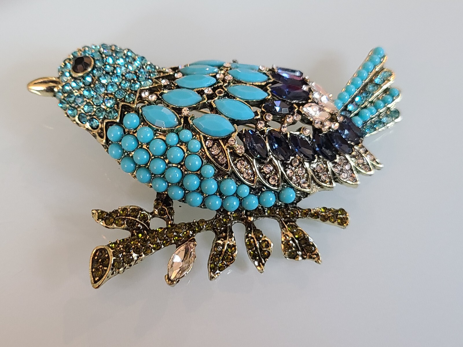 FAB HUGE 3.75″ New UNSIGNED I DESIGNER MARQUISE RHINESTONE BLUE BIRD PIN