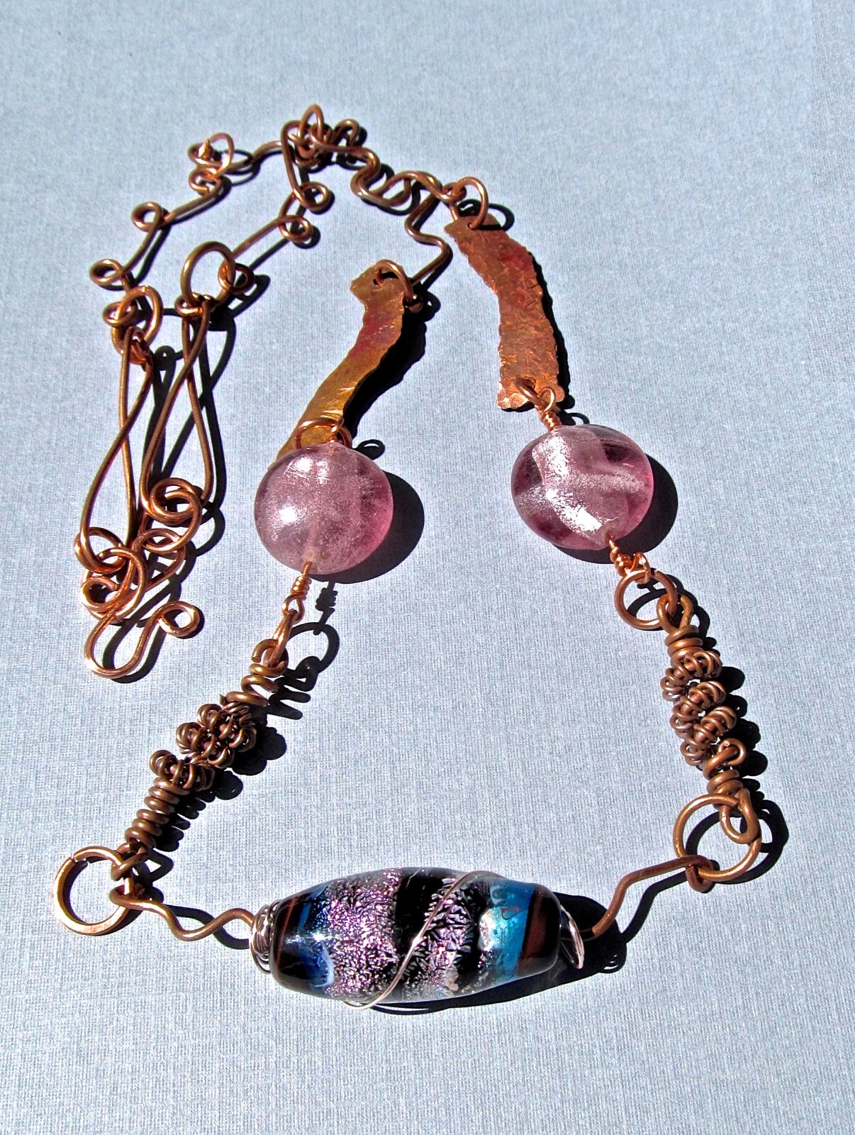 Hand Crafted 25″ Copper Wire and Dichroic Glass Beaded Necklace