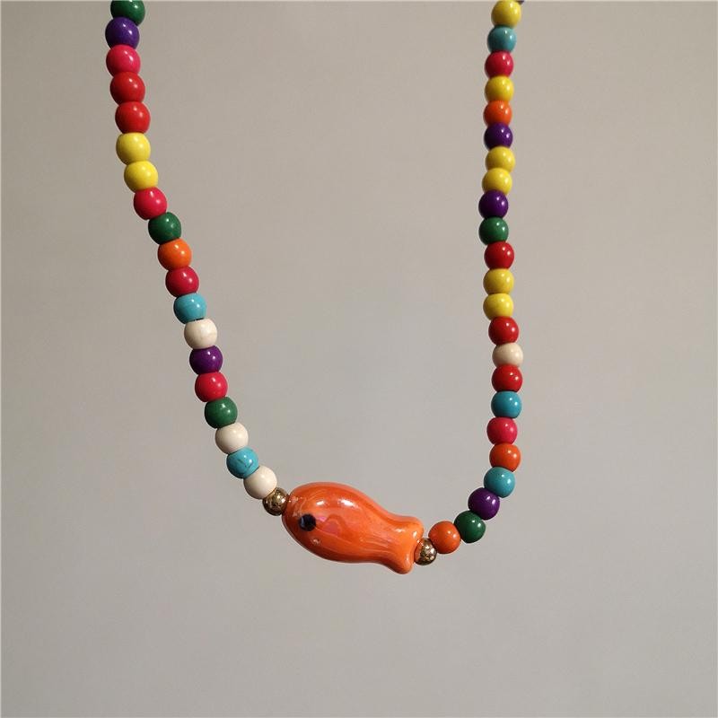 Orange Ceramic Fish Starfish Pendant Beaded Choker Necklace Boho Vacation