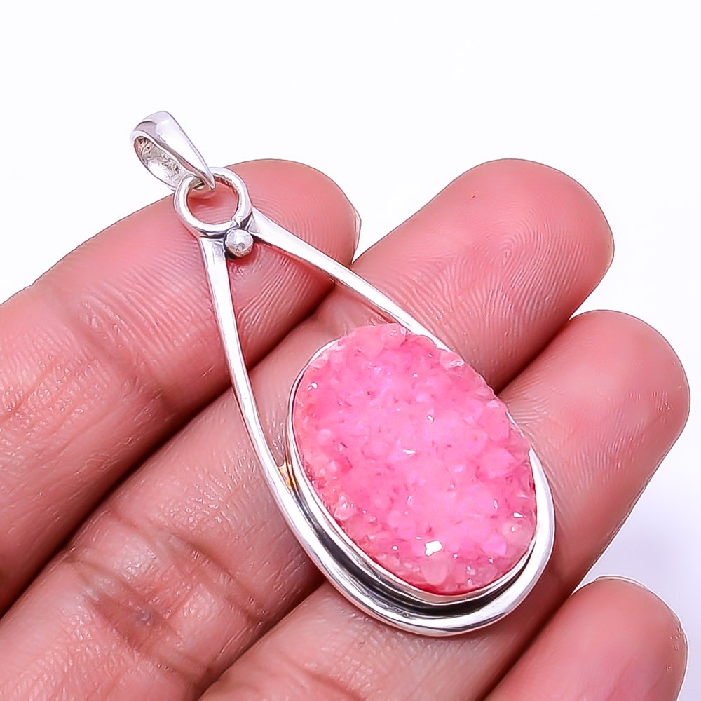 Pink Quartz Drusy – India Designer Handmade 925 Sterling Silver Pendant 1.95″P27