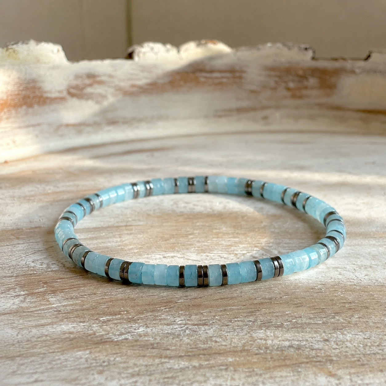 Natural Aquamarine Hematite Beaded Bracelet Genuine Gemstone Jewelry Gift