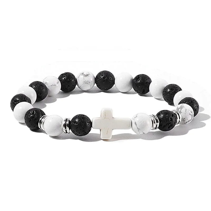 Natural Stone Beads Bracelet Hematite Cross Prayer Yoga Jewelry Men Women