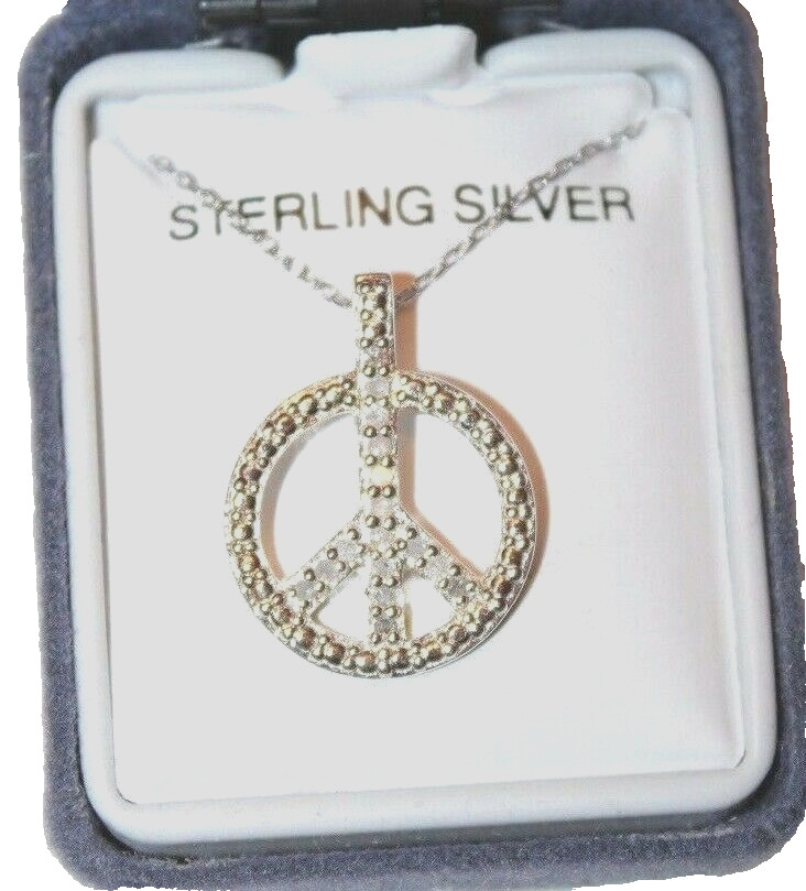 Sterling Silver Peace Sign 1/5 CTTW Genuine Diamond Pendant 18″ Chain Necklace