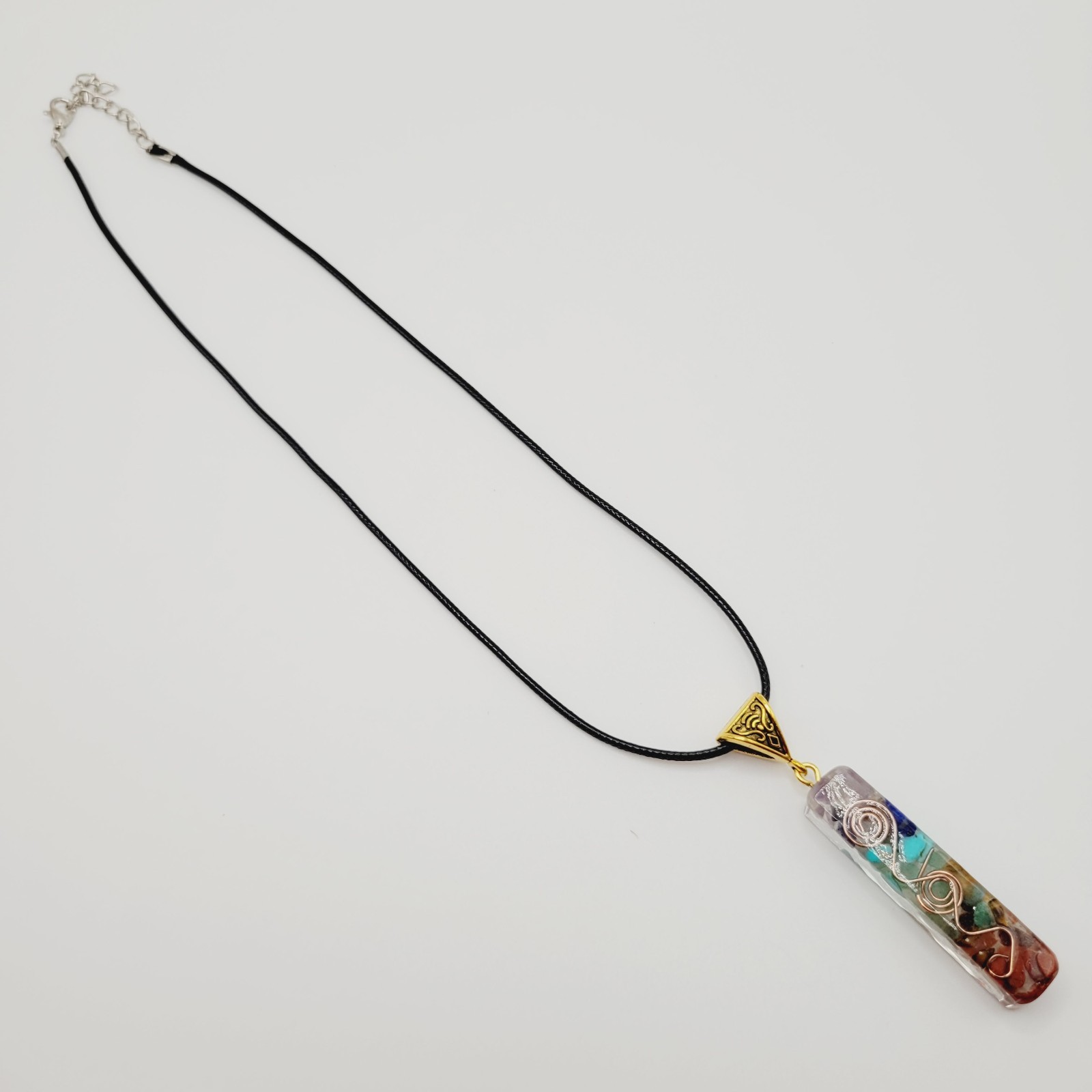 Modern Stone Chip Chakra Healing Meditation Pendant Faux Leather Cord Necklace
