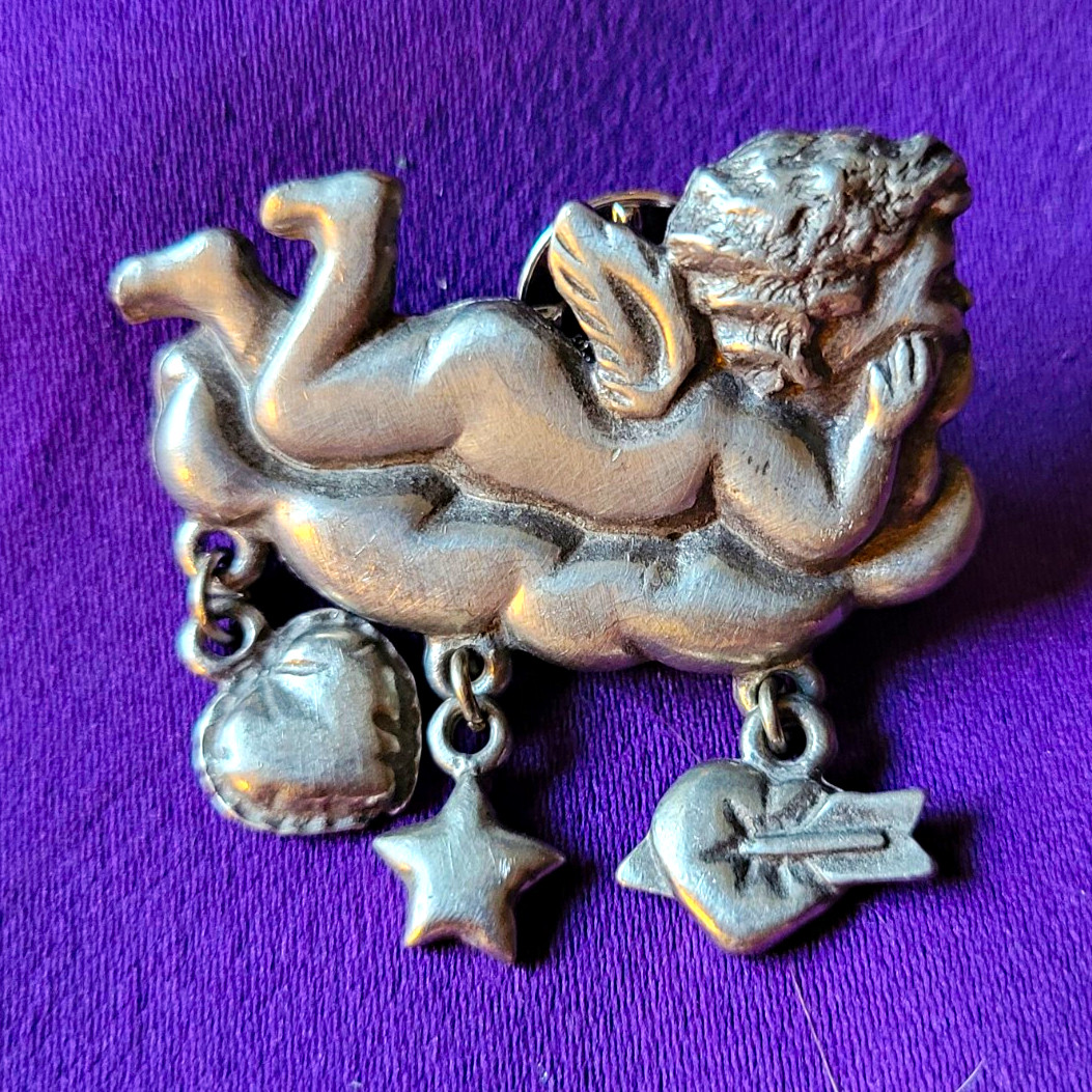Silver Tone Metal Angel Cherub Brooch Pin with Heart & Star Dangle Charms