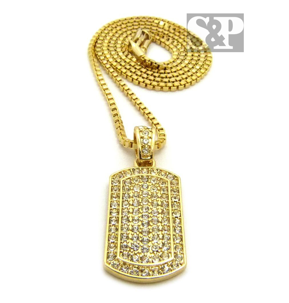 Hip Hop Iced Mini Army Gold Plated CZ Dog Tag Pendant 24″ Box Chain Necklace