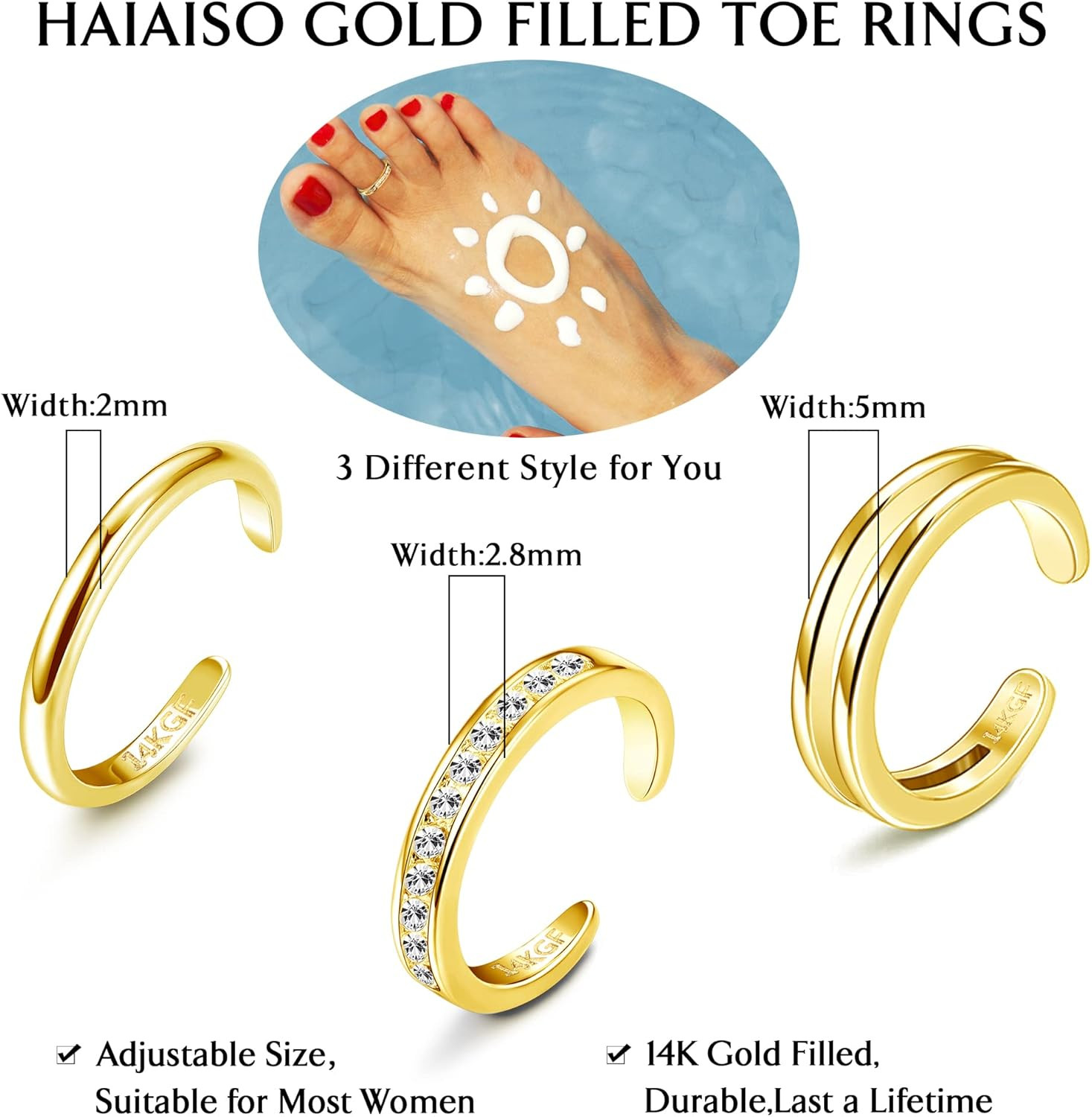 14K Gold Plated Toe Rings Adjustable Open Toe Rings Cubic Zirconia Band Toe Ring