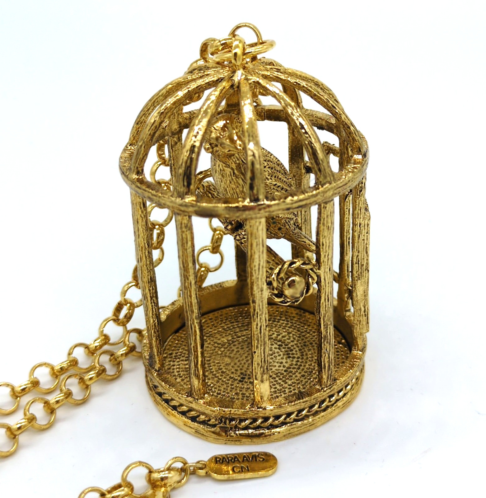 Rara Avis Iris Apfel Birdcage Statement Necklace Gold Tone 36 in Chain Signed