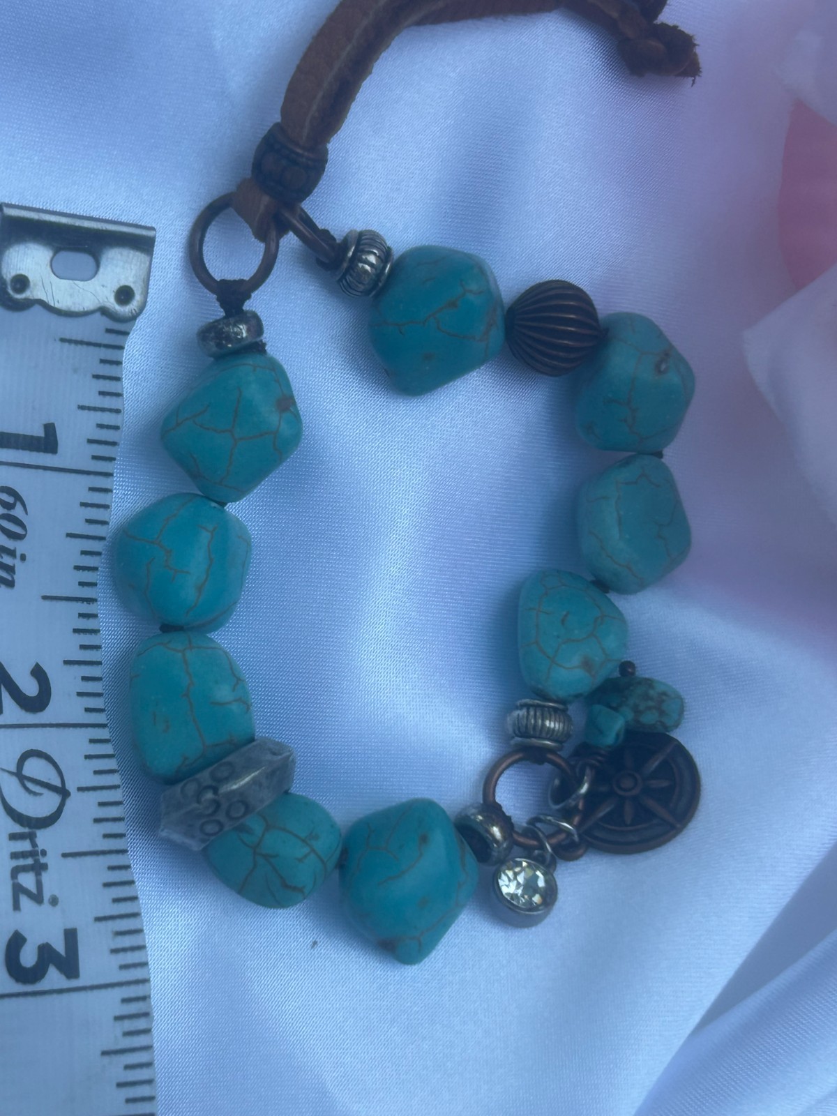 Genuine Turquoise Leather Compass Charm Boho Chunky Beanded Bracelet 1.3oz