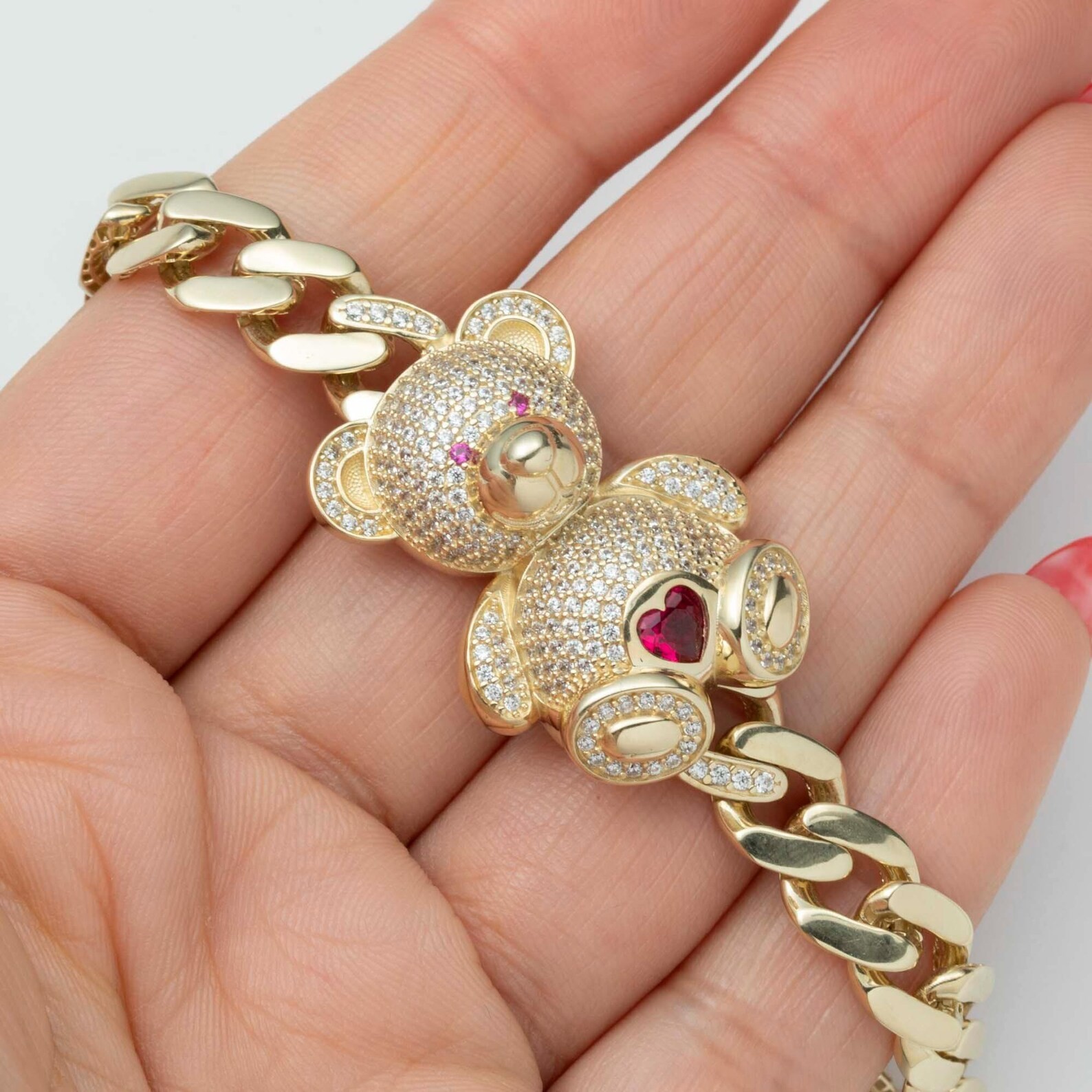 14k Yellow Gold Plated 4 Ct Heart Simulated Ruby Teddy Bear Cuban Link Bracelet