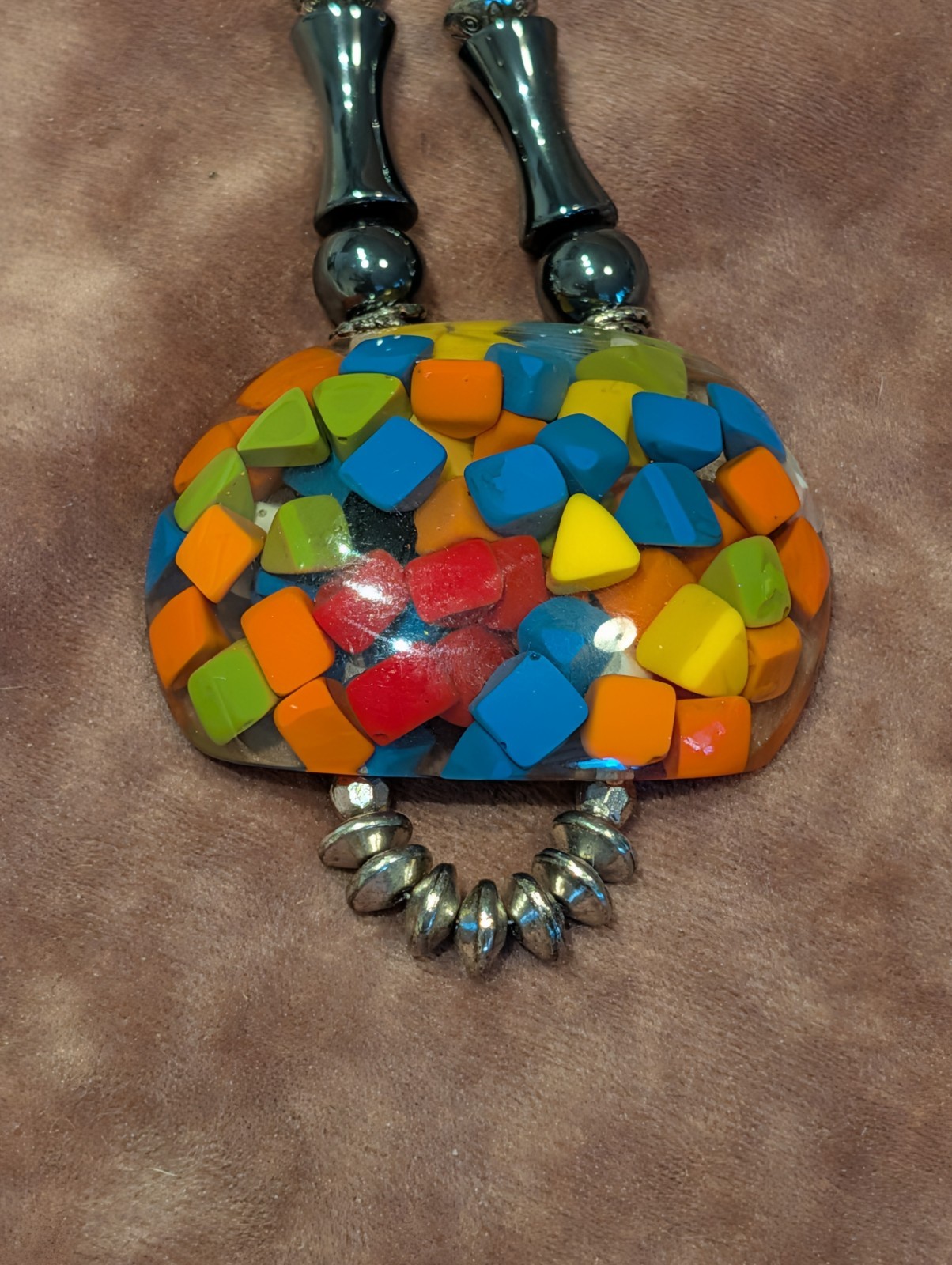 Vintage Marion Godart Paris Clear Lucite Multicolor Confetti Statement Necklace
