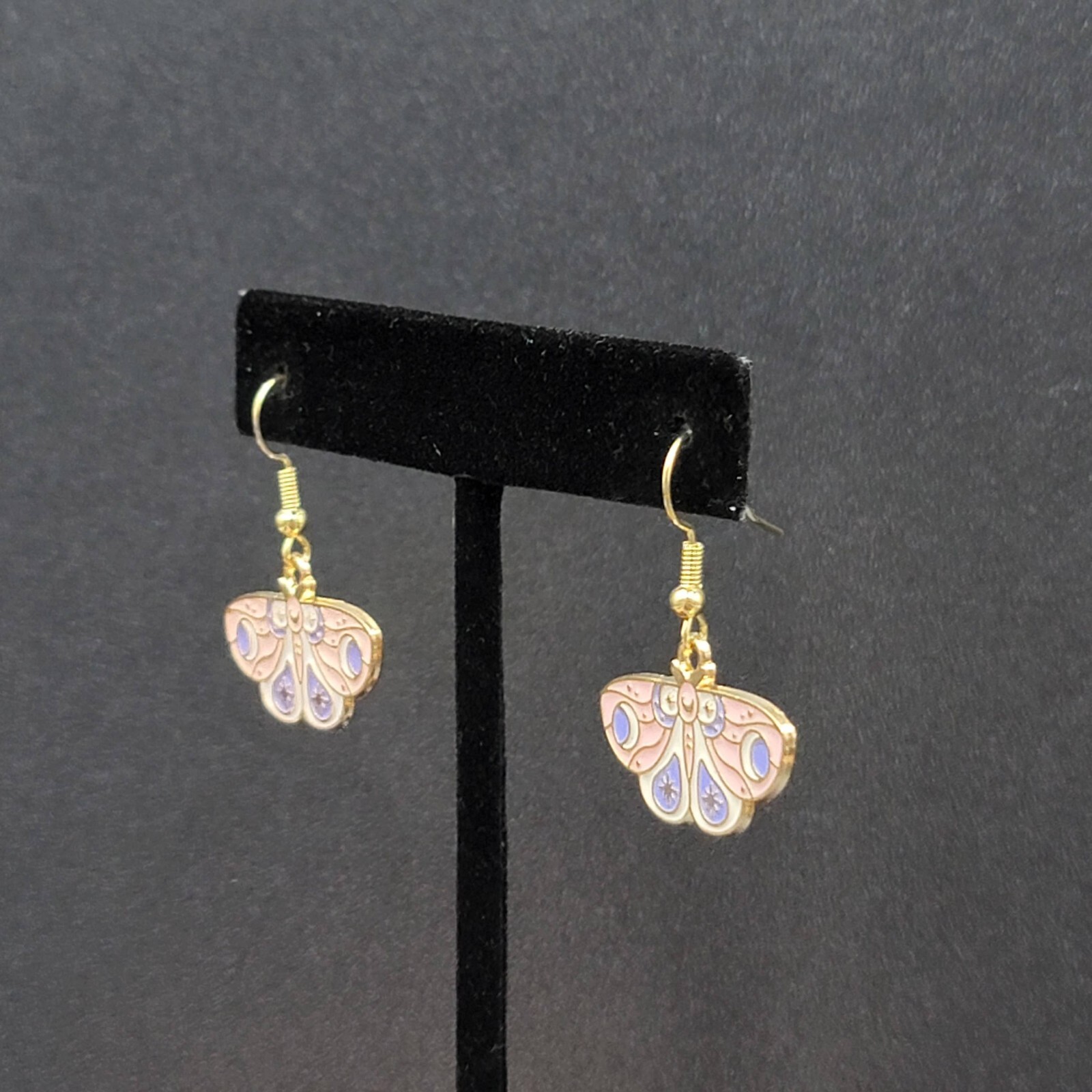 Moth Pierced Earrings Gold tone Pink Purple White Enamel Dangle 5/8″