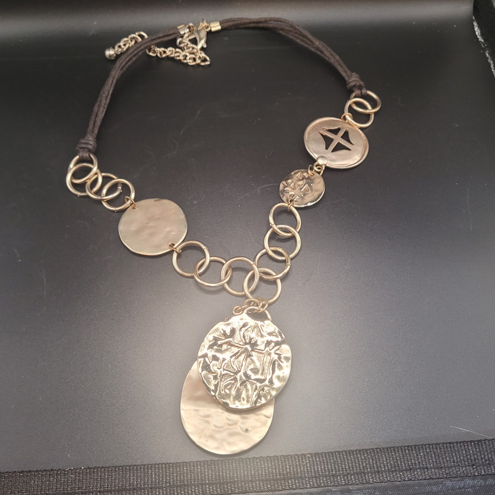 Lot of 3 Chico’s Necklaces Gold Tone-Faux Hammered Silver Brown Stone 16 & 19 in