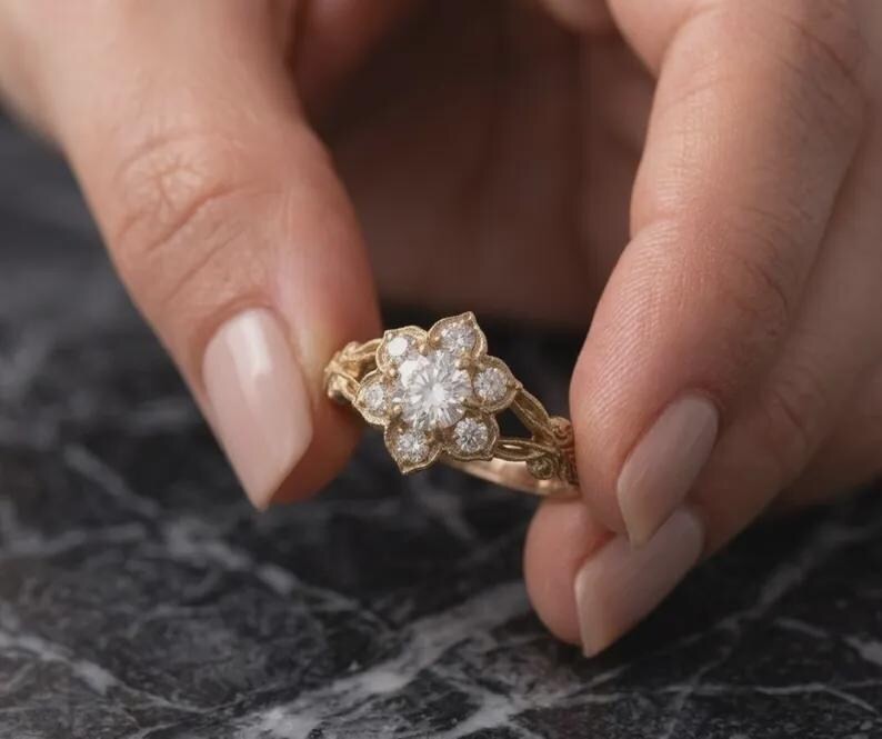 Vintage Floral Halo CZ Engagement Ring 925 Sterling Silver Promise Ring For Her.
