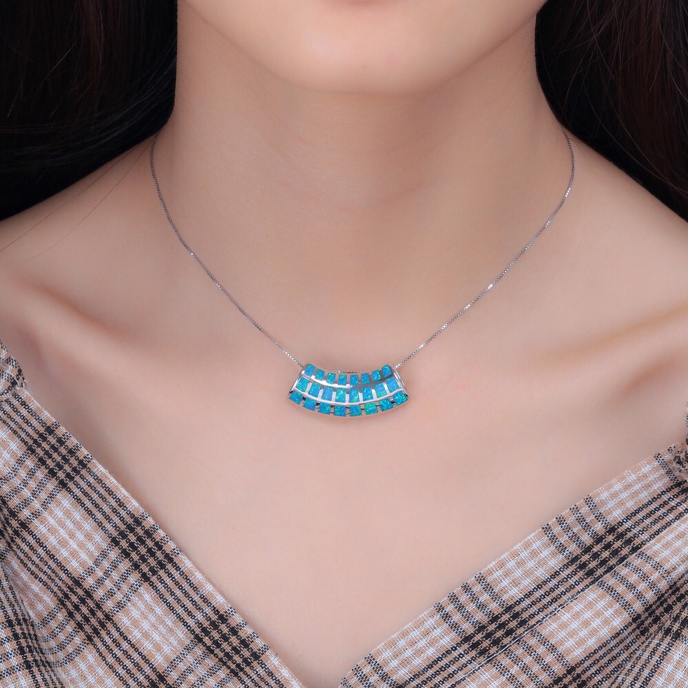 Hawaii Blue Fire Opal Checkered Necklace pendants Silver Filled For Women Girls