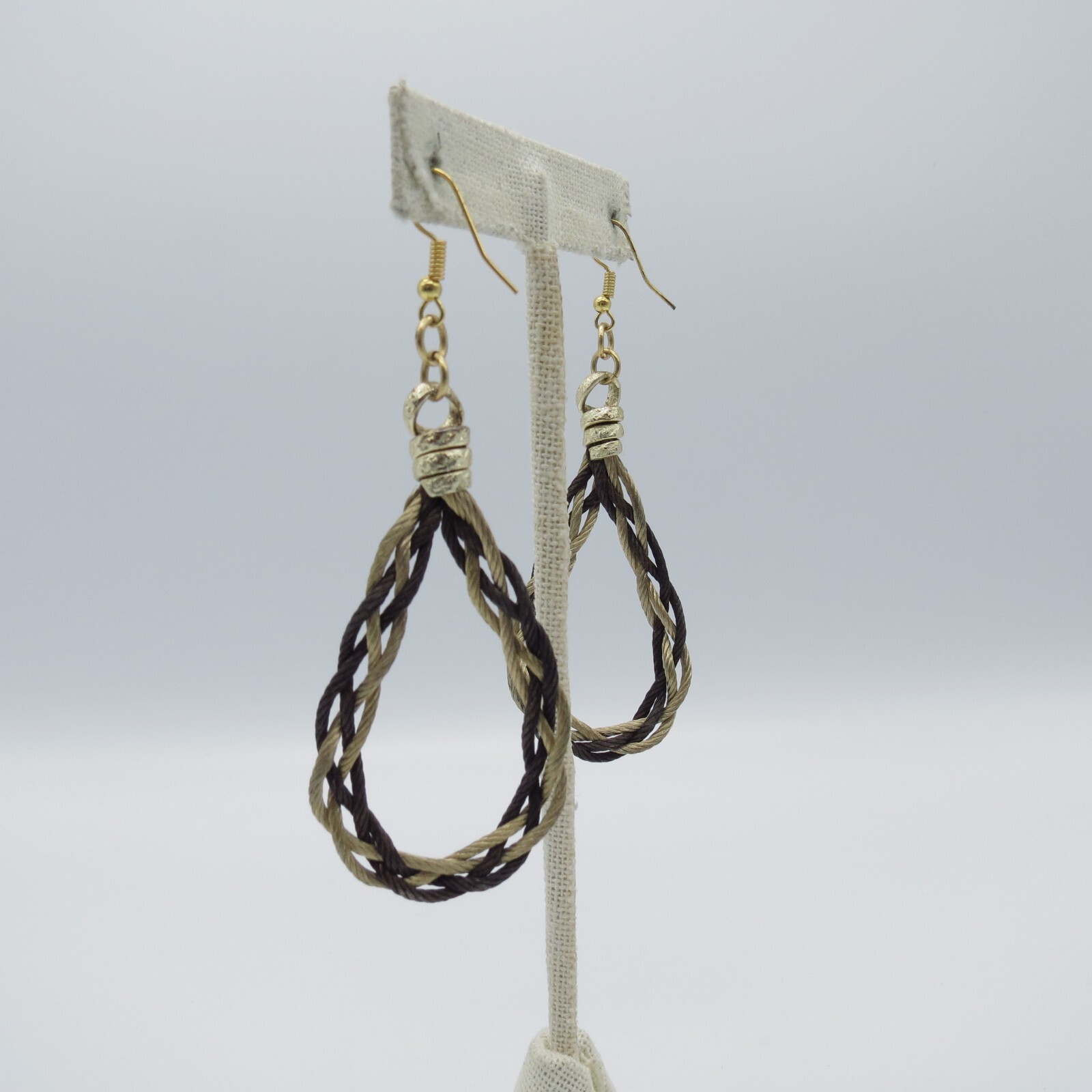 Teardrop Dangle Earrings Brown Beige Braided Rope Gold Tone Boho