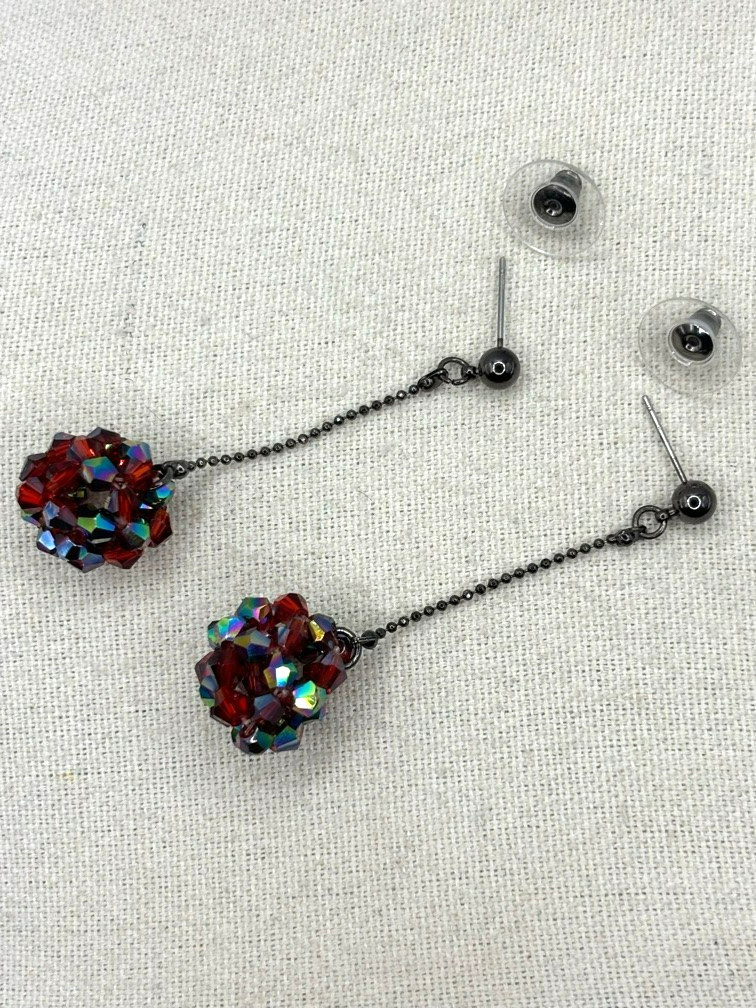 Cookie Lee Red Aurora Borealis Glass Bead Ball Drop Gunmetal Tone Earrings NWT