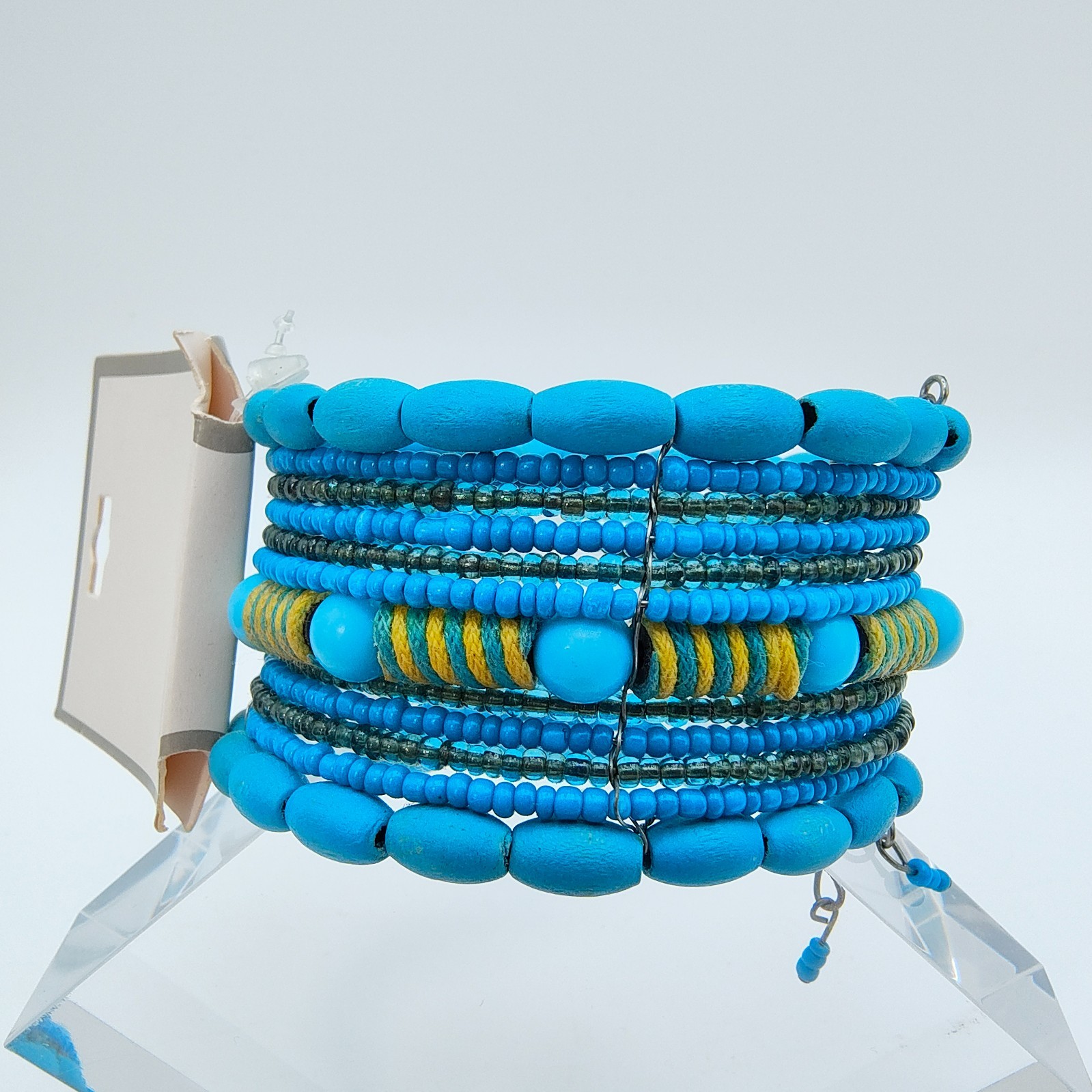 Boho Wood Bead Wire Cuff Bracelet Turquoise Color Southwestern Boho Style
