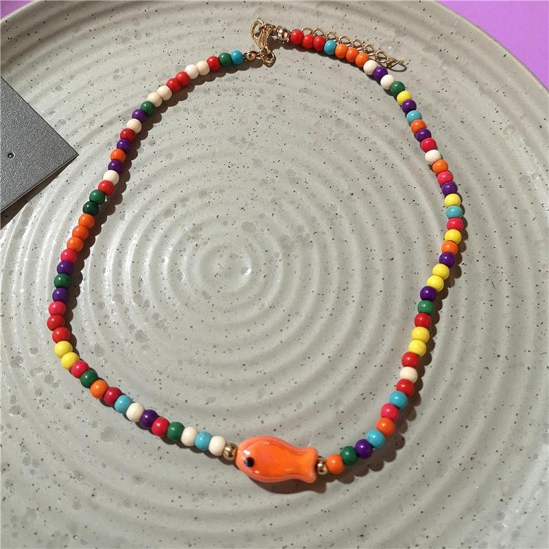 Orange Ceramic Fish Starfish Pendant Beaded Choker Necklace Boho Vacation