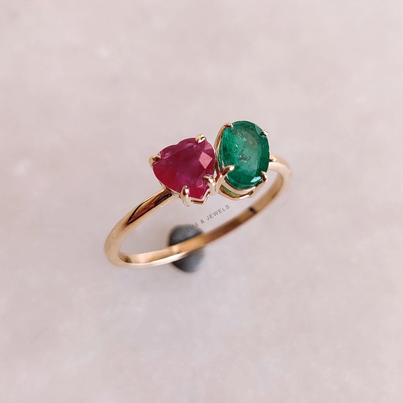 0.96 Ct Natural Emerald Ruby Ring 14K Yellow Gold Minimalist July Birthstone
